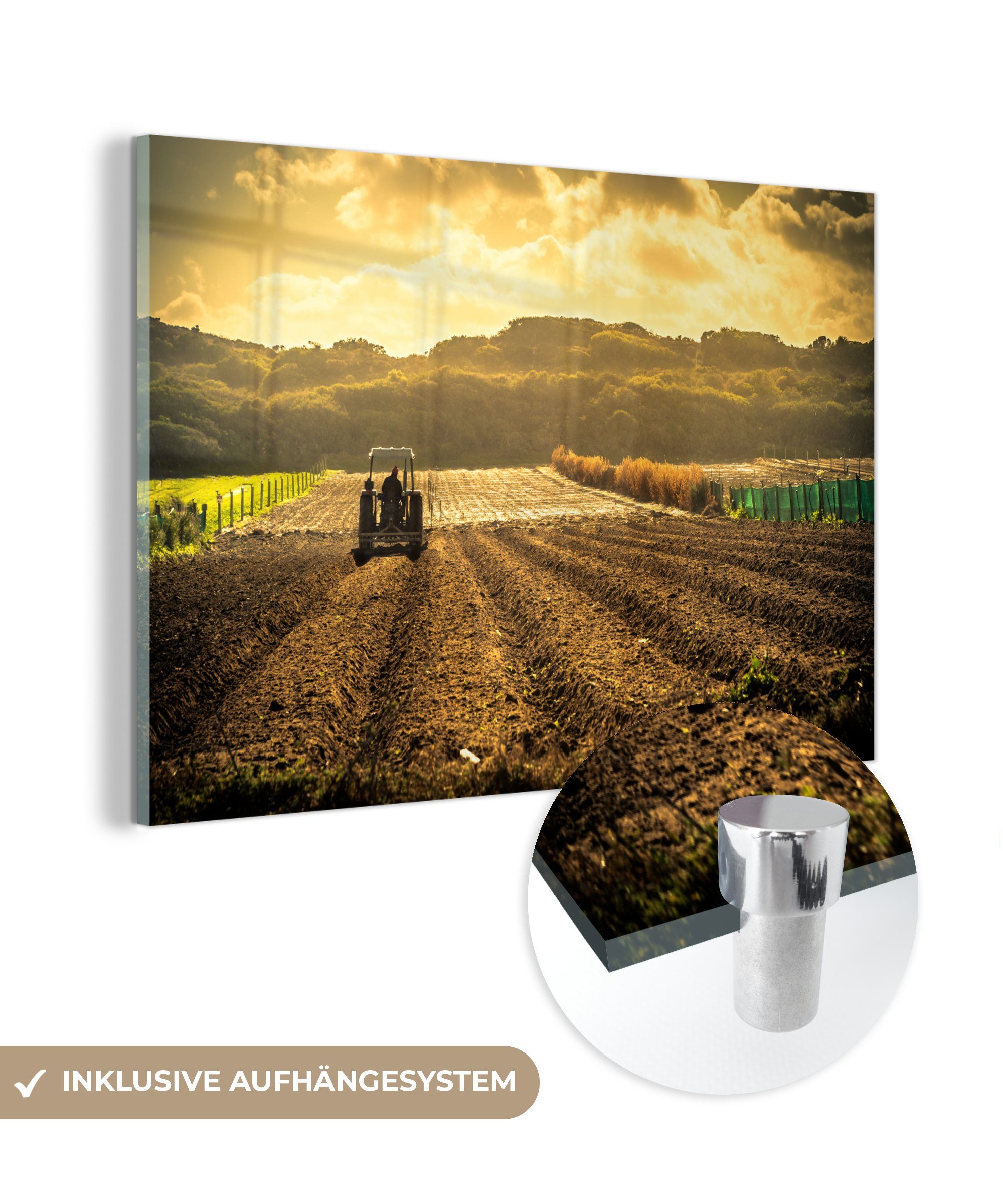 MuchoWow Acrylglasbild Sonne - Wolken - Traktor, (1 St), Acrylglasbilder Wohnzimmer & Schlafzimmer