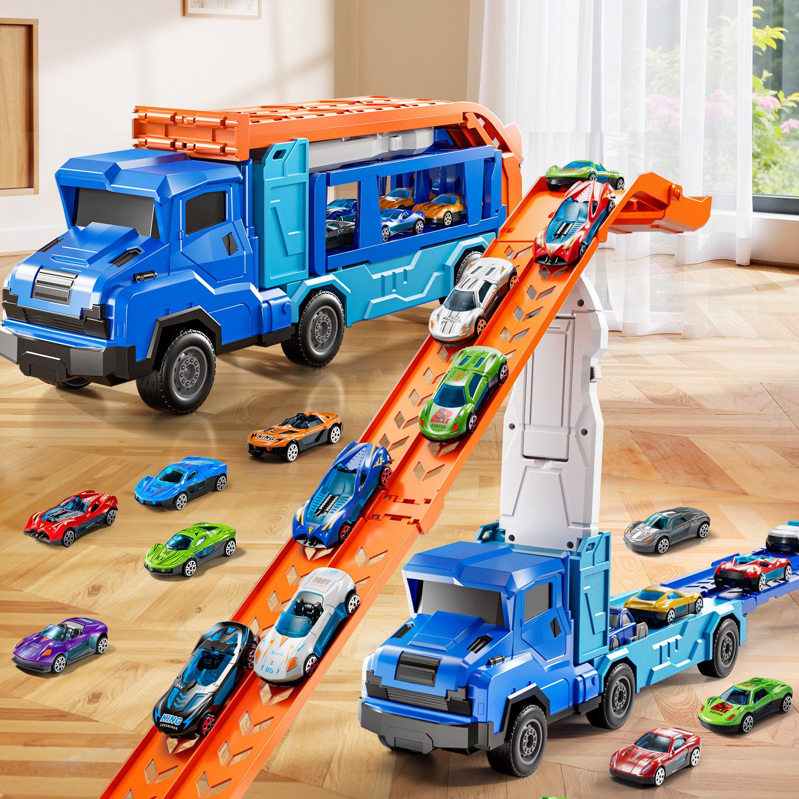 TEMI Spielzeug-Auto Transform Rennbahn LKW Spielzeug Set mit 12 Druckguss Autos – Bild 5 von 5