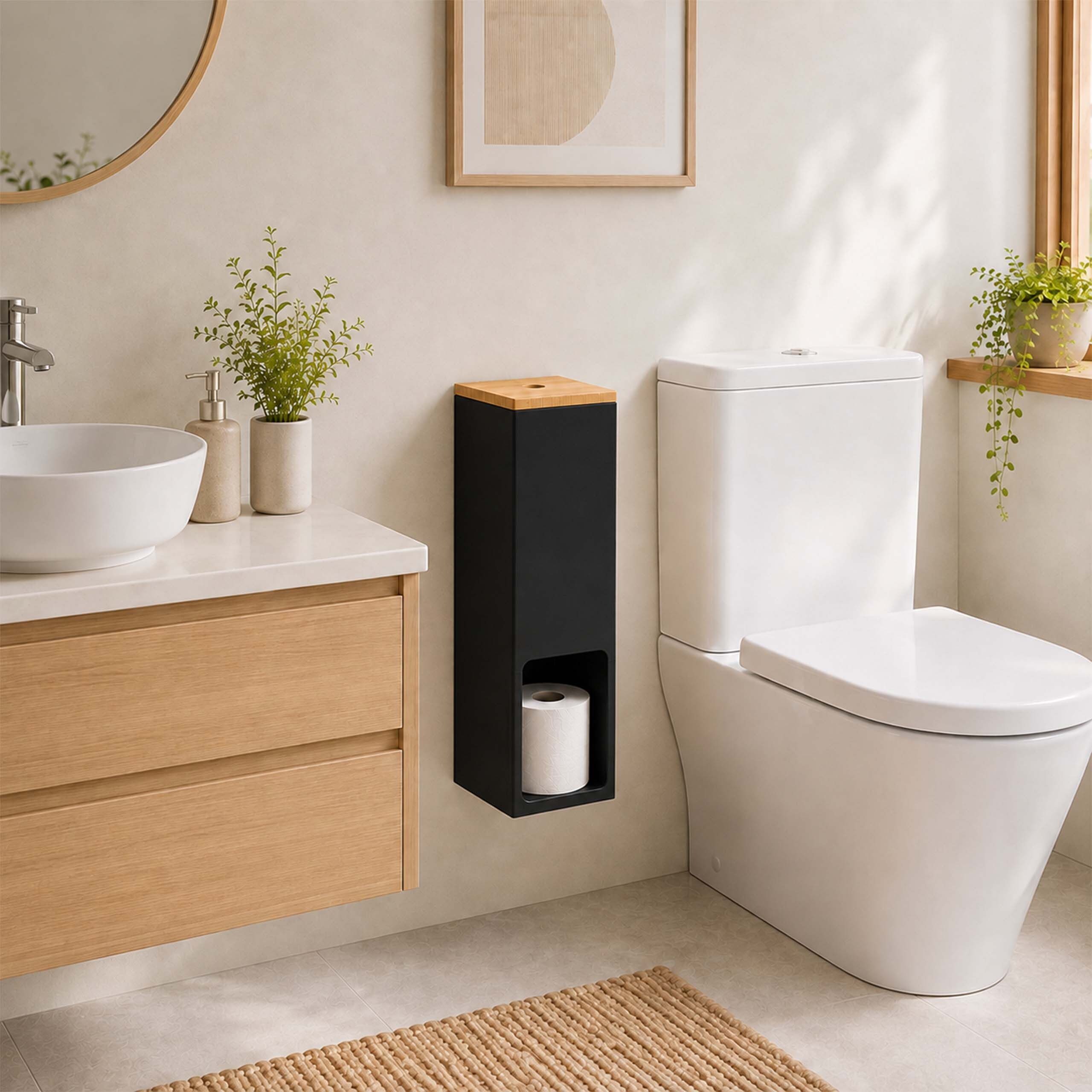relaxdays Toiletten-Ersatzrollenhalter Toilettenpapier Aufbewahrung 4 Rollen (1-St), Natur-Schwarz – Bild 2 von 5