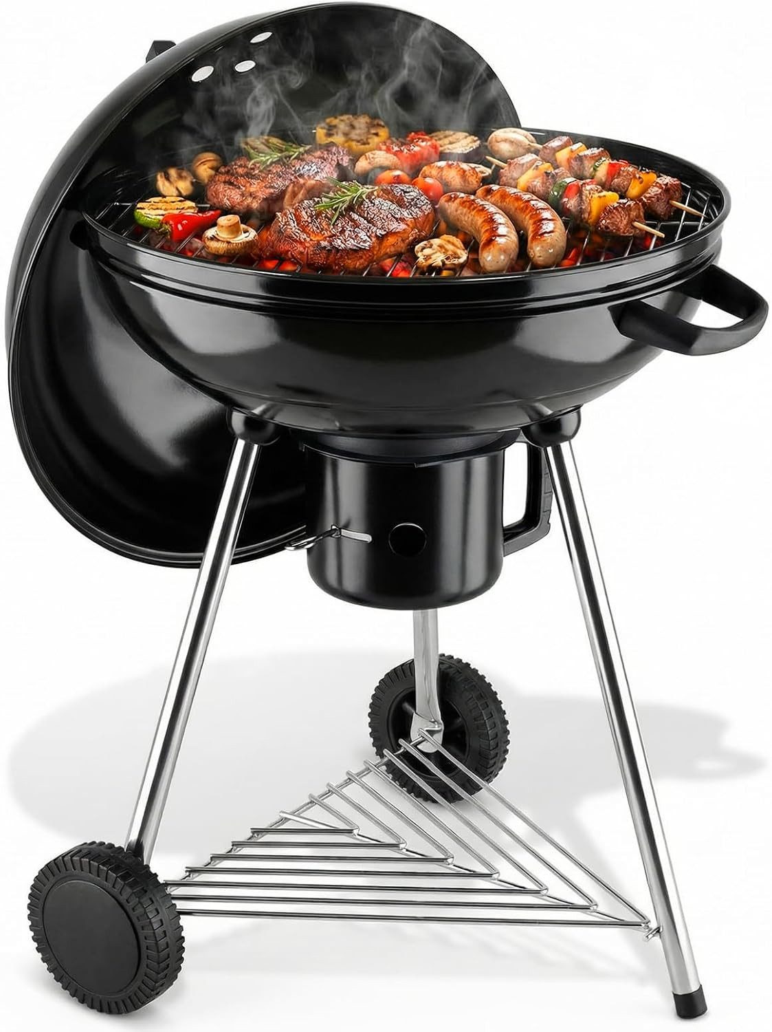 TLGREEN Holzkohlegrill Kugelgrill Ø 57 cm, Porzellanemailliert, mit abnehmbarem Aschekasten, Lüftungssystem, Räder, 55 cm Grillfläche, Höhe 97 cm, für Garten, Camping, Party, Picknick, Terrasse, Outdoor BBQ