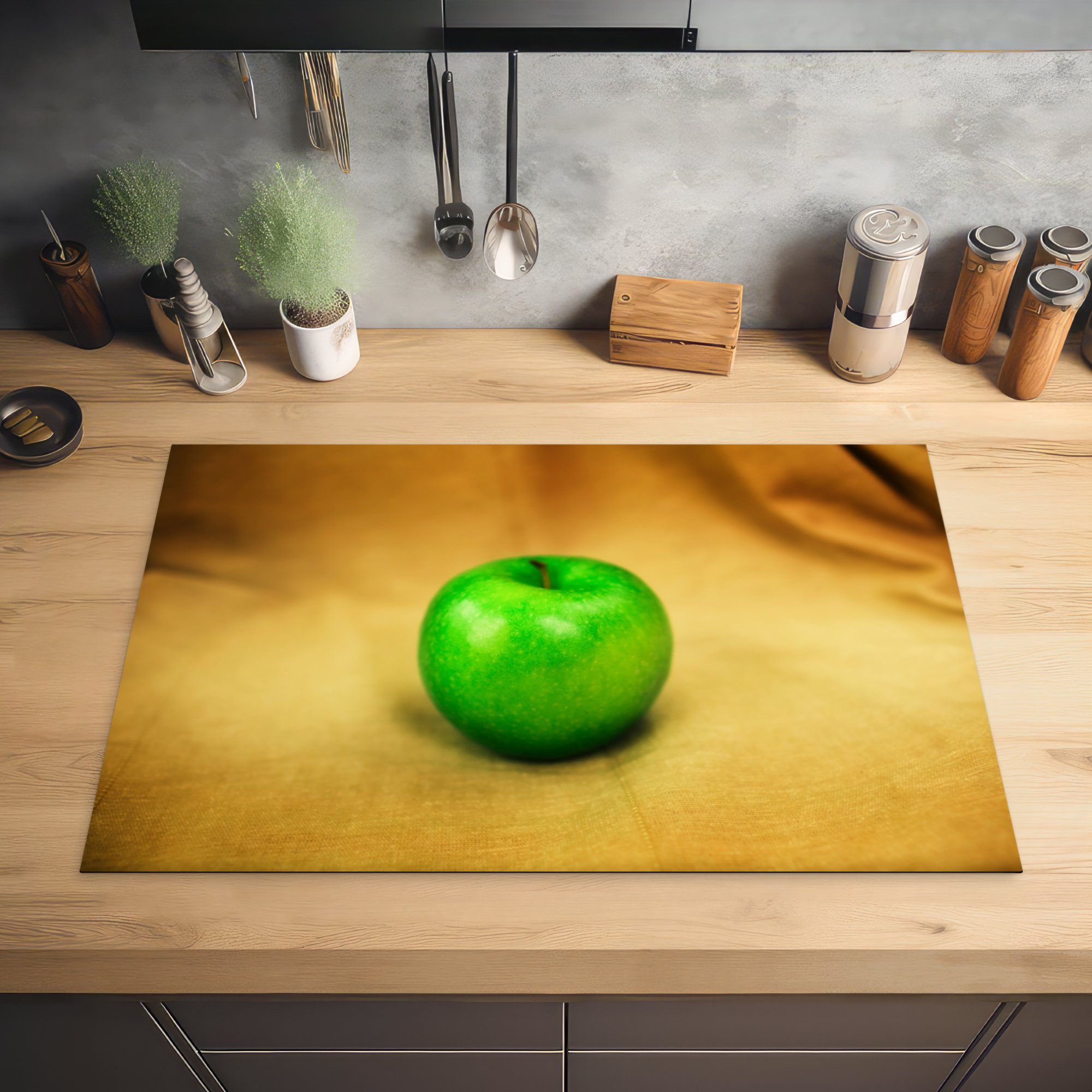 MuchoWow Herdblende-/Abdeckplatte Grüner Apfel küche, Baumwolle, die Schutz tlg), 81x52 cm, Induktionskochfeld für Vinyl, Ceranfeldabdeckung auf (1