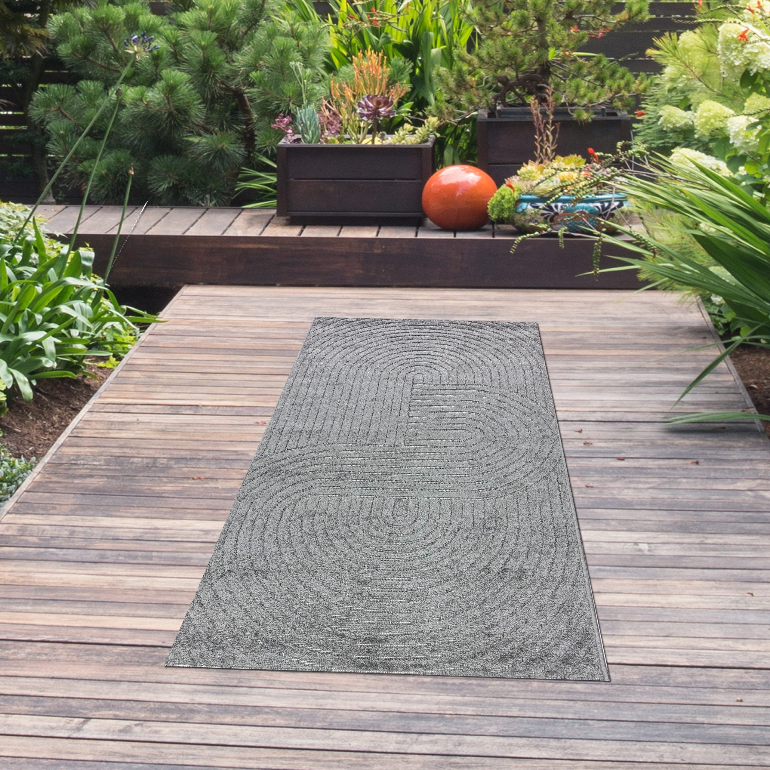 TeppichHome24 Outdoorteppich Outdoor Teppich wetterfest Balkon Boho-Style hochwertig Anthrazit, Rechteckig