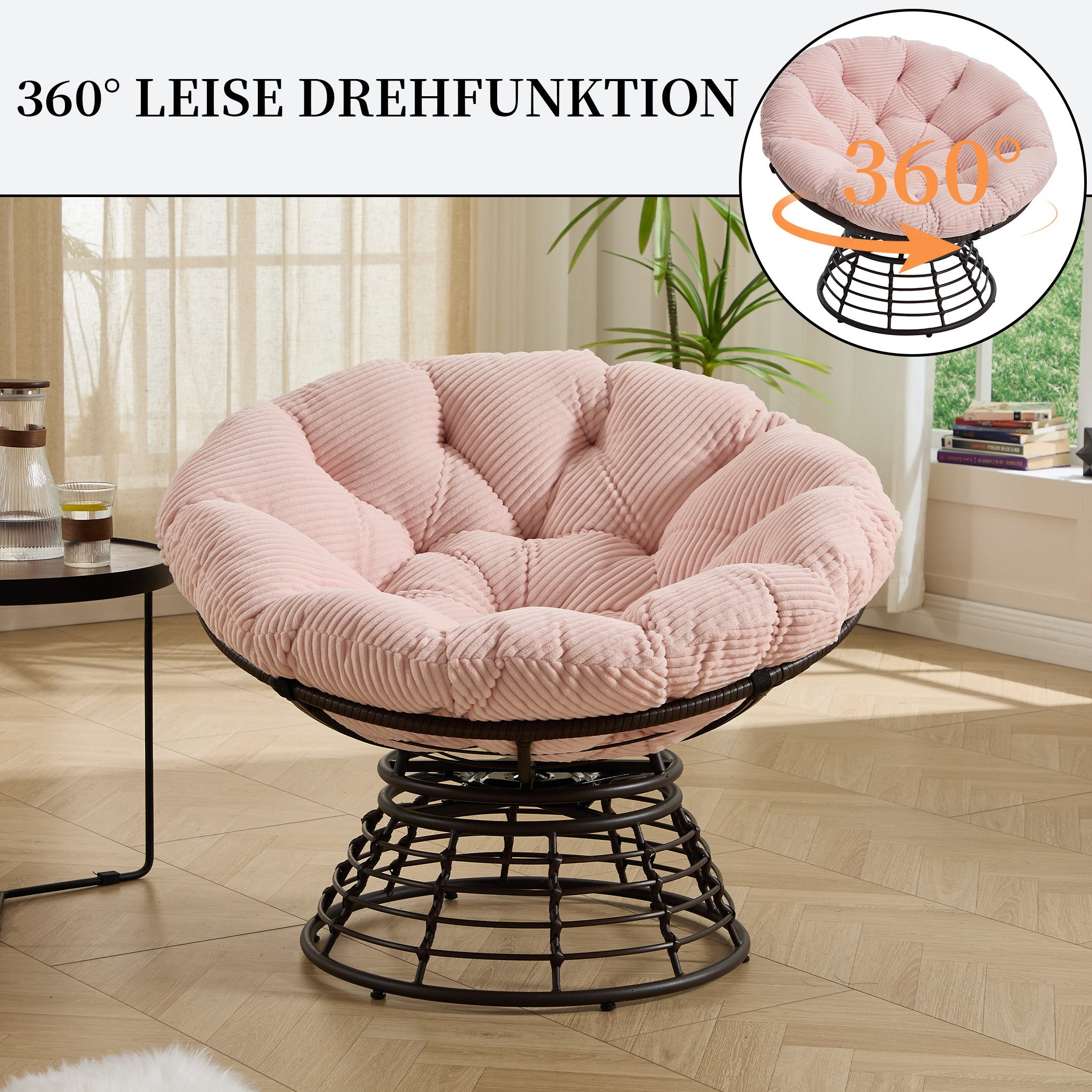 SeedWave Loungesessel 360° Drehbarer Papasan-Sessel Stahlgestell mit 92cm Trennbarem Polster, Relaxsessel für Balkon, Garten, Terrasse