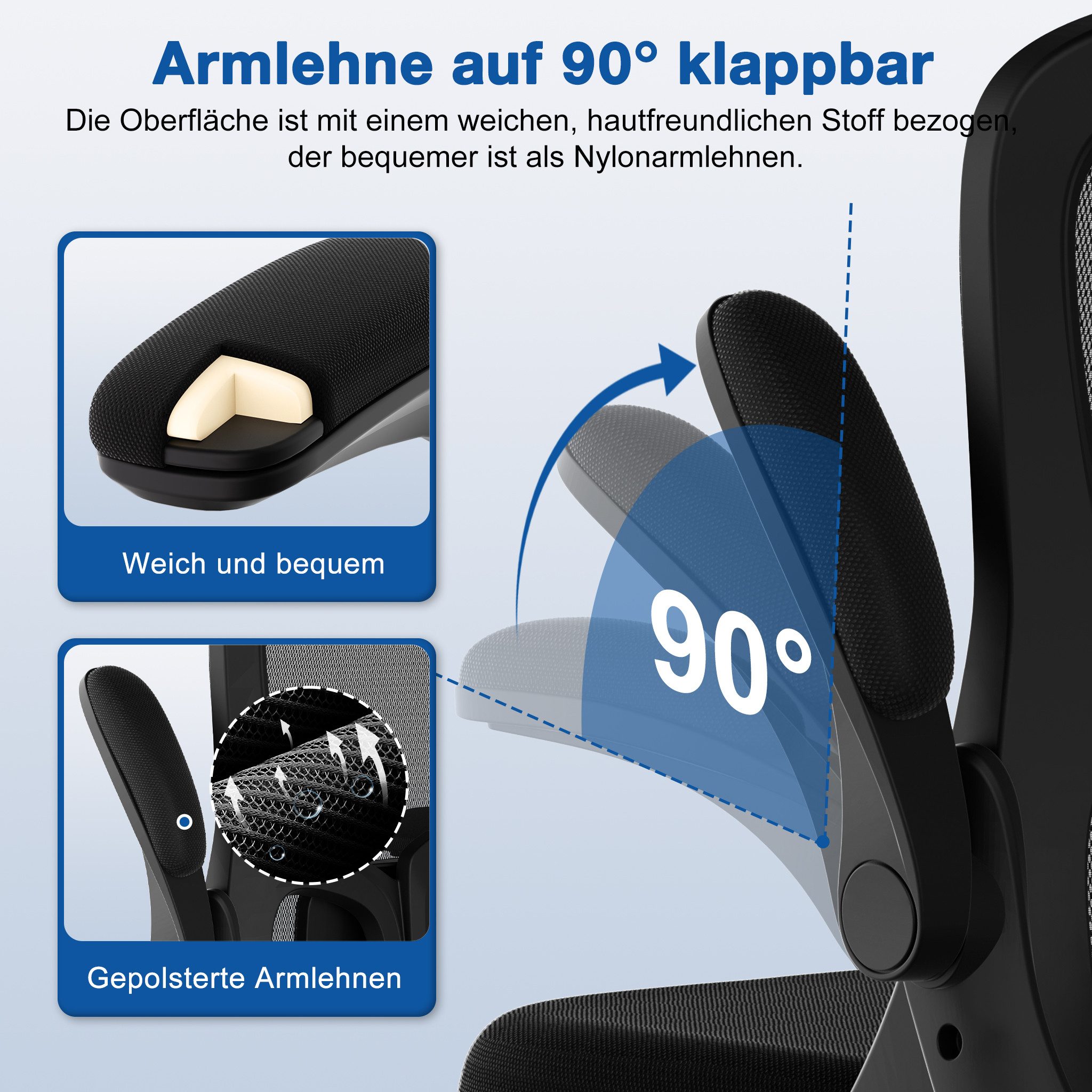 Adormii Bürostuhl Ergonomischer Bürostuhl mit klappbaren Armlehnen und Rückenlehnen (Drehstuhl mit Drehbare, höhenverstellbarer Kopfstütze, geräuscharme Rollen, – Bild 4 von 5