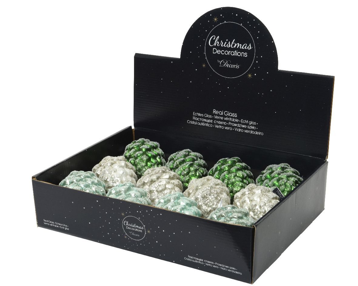 Kaemingk Christbaumschmuck, Christbaumschmuck Zapfen grün Mix Glas 8cm 12er Set