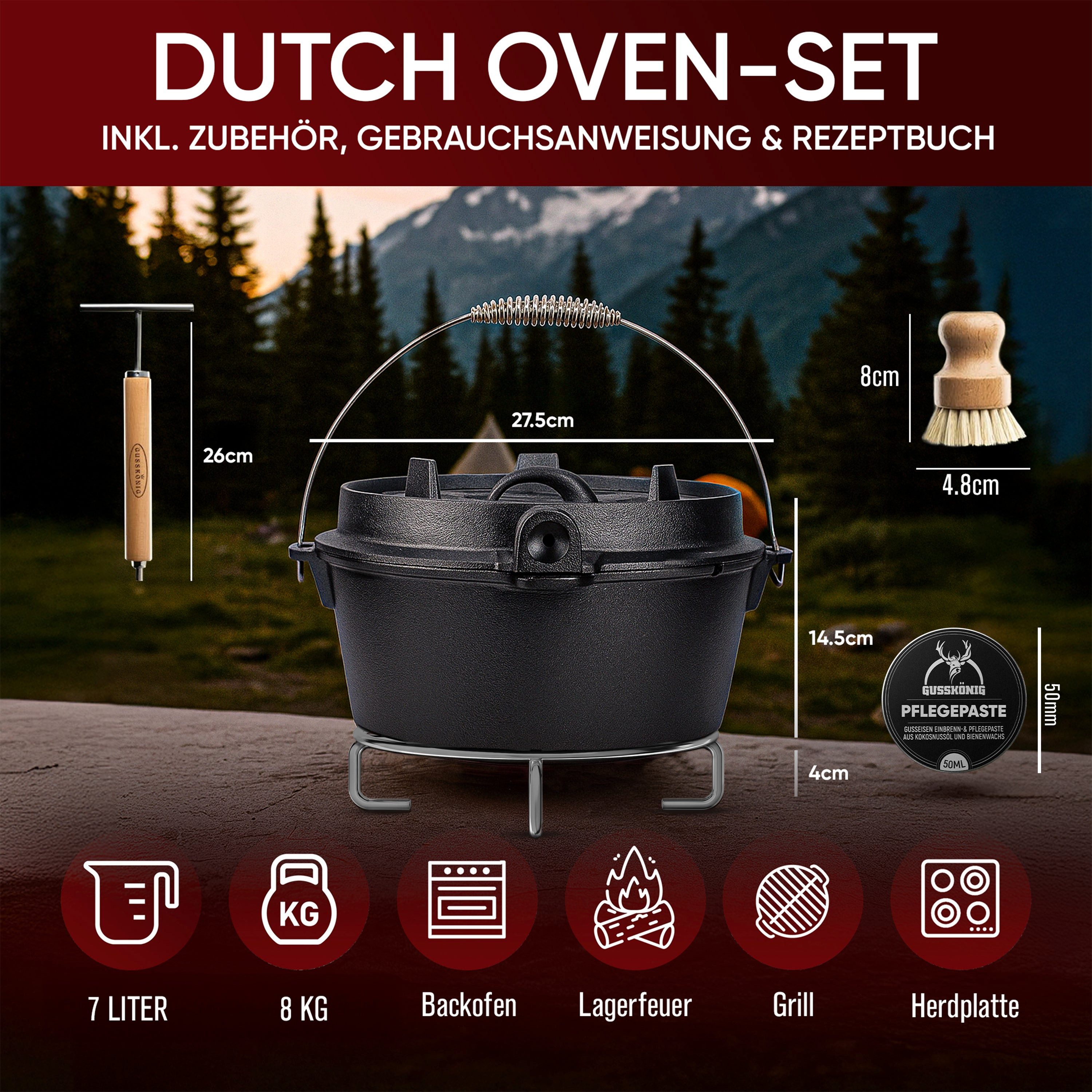 GUSSKÖNIG Grilltopf GUSSKÖNIG Dutch Oven Topf ohne Füßen 7Liter+Pflegepaste Untersetzer