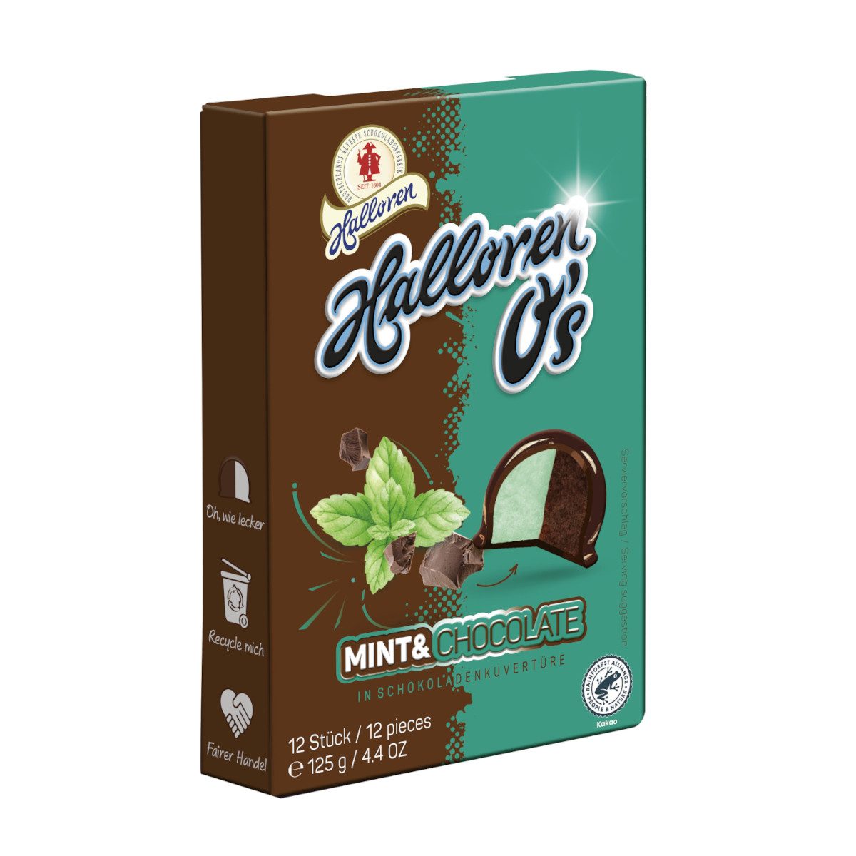 Halloren Schokolade, Halloren O´s Mint and Chocolate Kakao-Minzfüllung Packung 125g