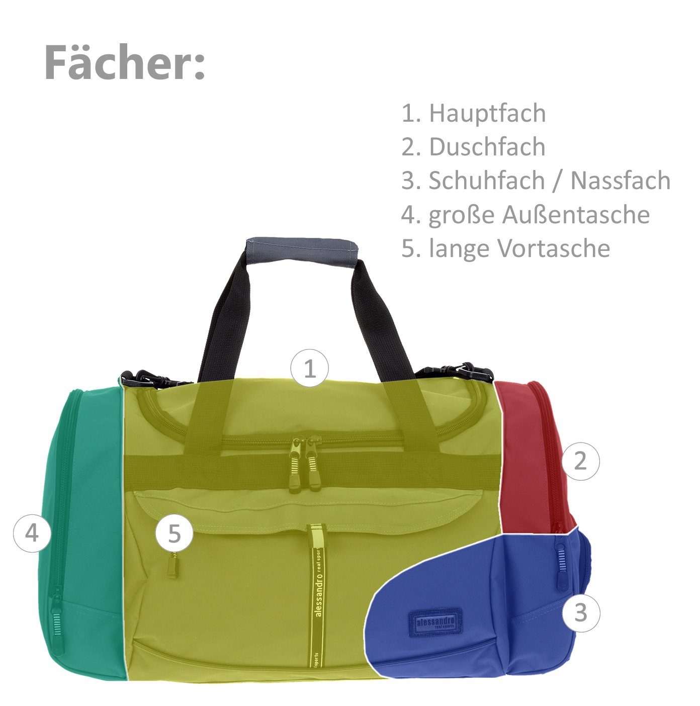 Alessandro Salvatore Sporttasche Damen Gym Mate 724, Reisetasche Sport Tasche Schuhfach Vortasche 55 cm 45 L