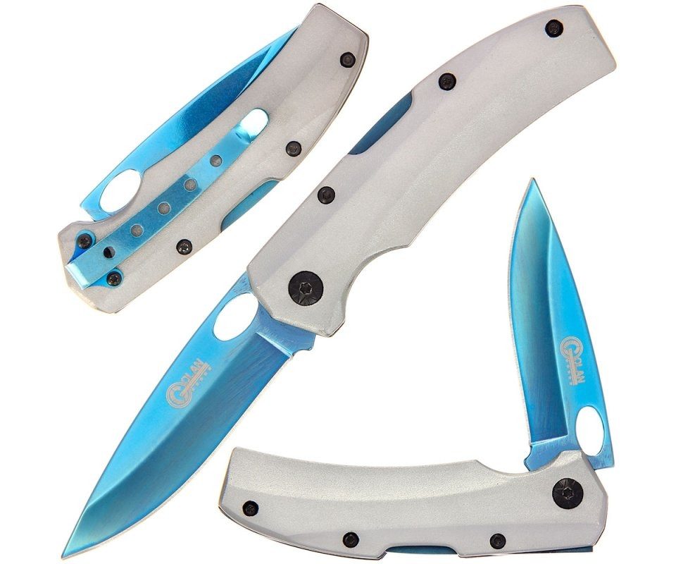 Golan Taschenmesser Golan Aluminium Einhandmesser, 10cm, Klinge blau eloxiert, Griff silbe, (1 St), blaue Oberfläche und Hosenclip