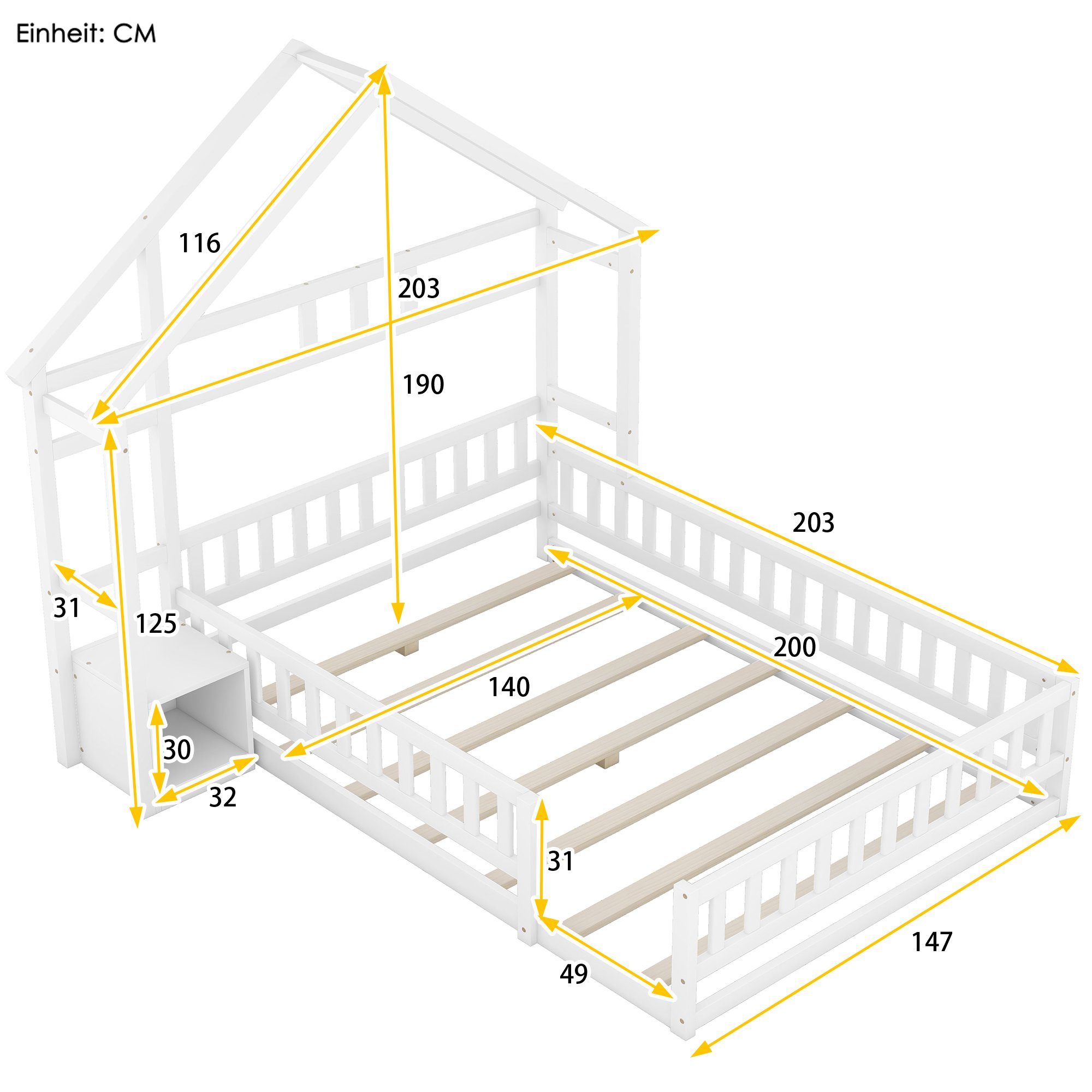 Geländer Funktionsbett x ohne Kinderbett Hausbetten Holzbett 200cm, Weiß mit OKWISH (Flachbetten140 Matratze Nachttischen),