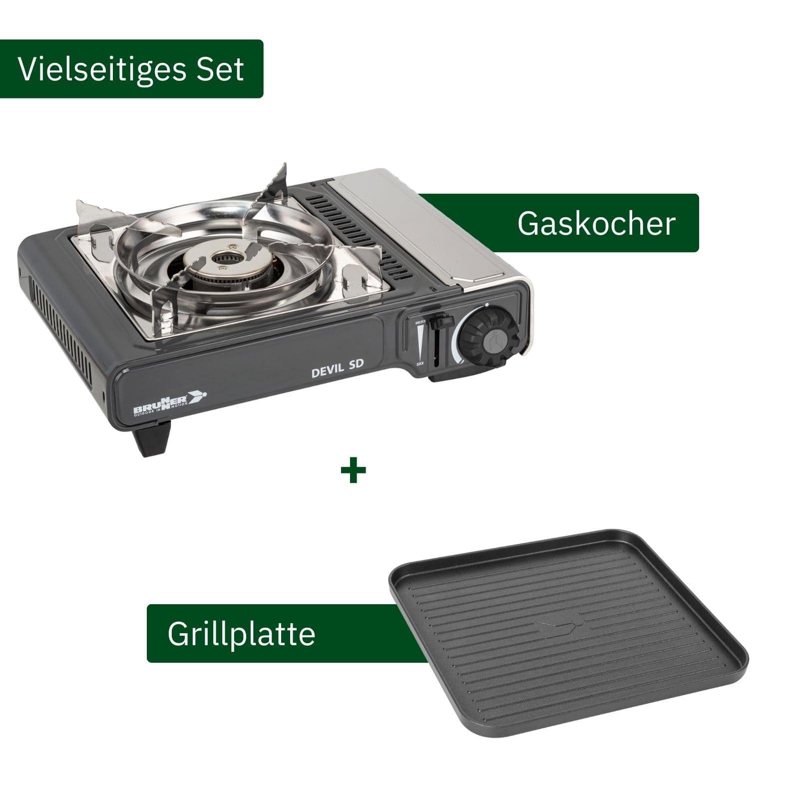 BRUNNER Gaskocher BRUNNER DEVIL SD NG Camping Gaskocher Set Zündsicherung, Vielseitig, (Gaskocher + Grillplatte)