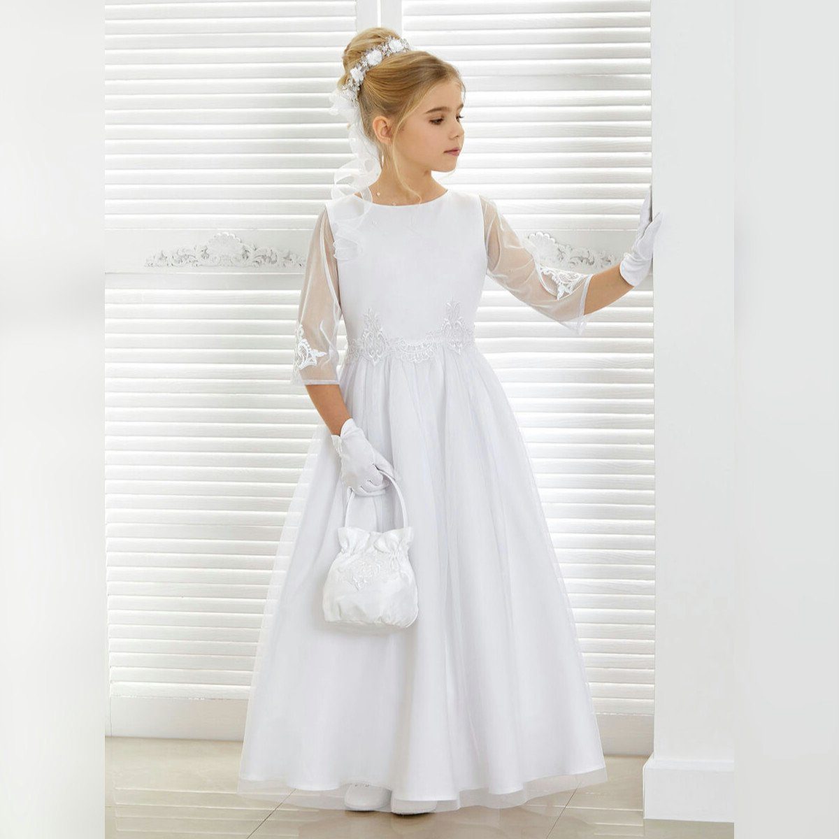 Tüllkleid Blumenmädchenkleid Kommunionkleid Dalary DK-218 Weiß