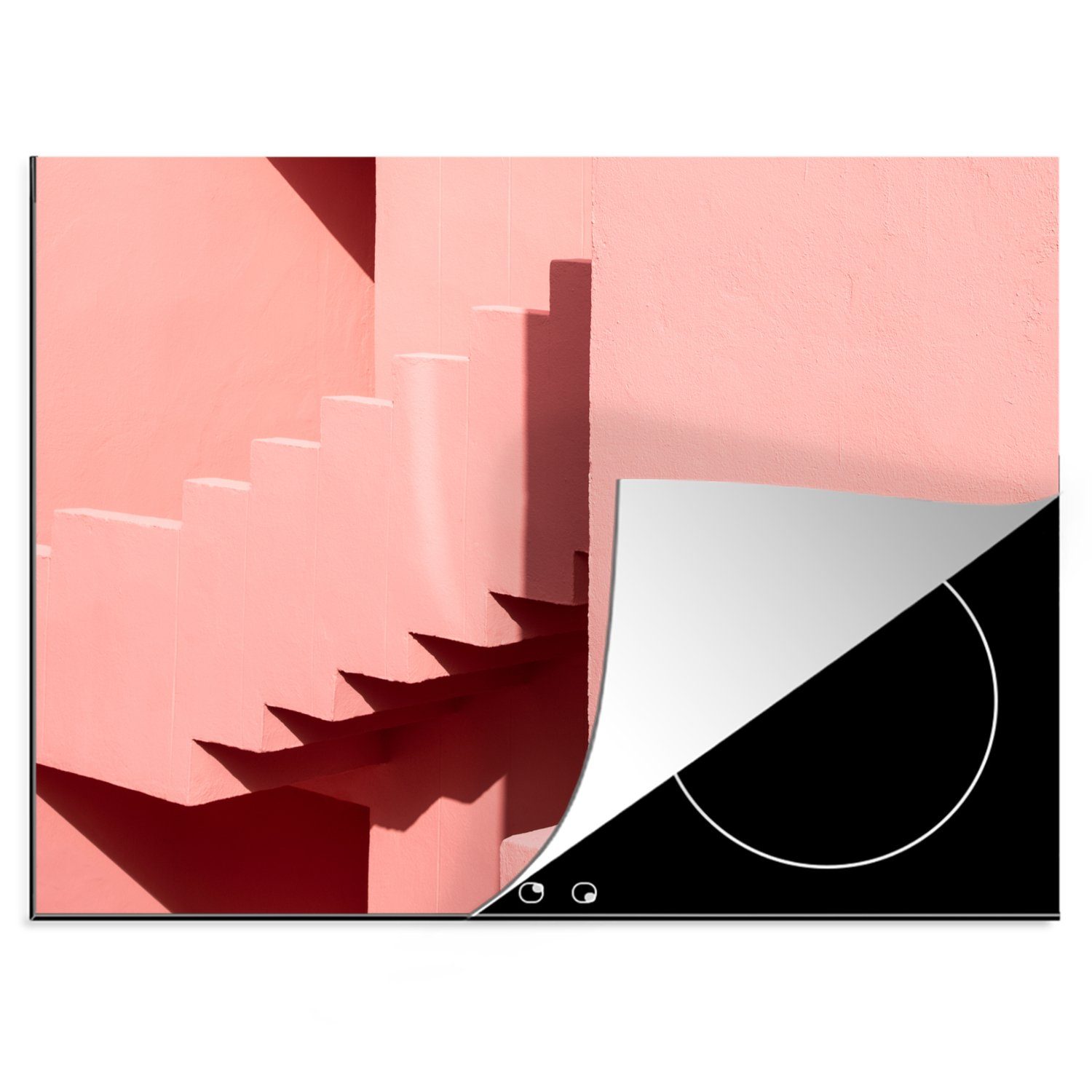 MuchoWow Herdblende-/Abdeckplatte Rosa - Architektur - Treppe - Pastell, Vinyl, (1 tlg), 70x52 cm, Mobile Arbeitsfläche nutzbar, Ceranfeldabdeckung