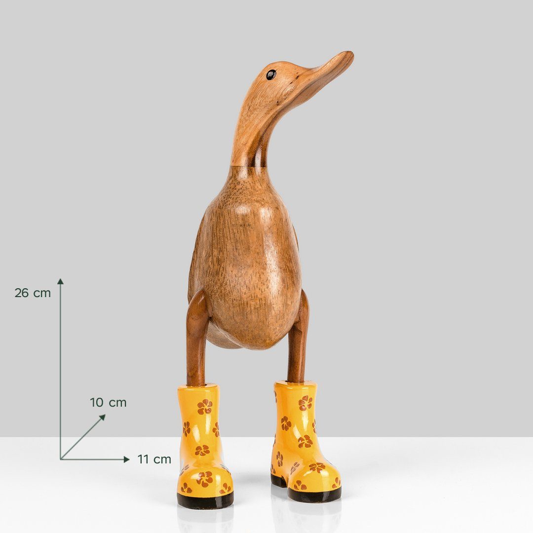 Rikmani Dekofigur Holzfigur Ente Stiefel Holzarten Dekoration 3 aus gelb_geblümt (3-er Handgefertigte Holz Geschenk - Set)
