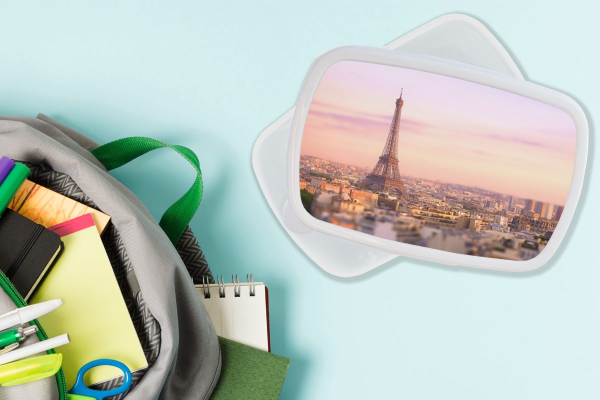MuchoWow Lunchbox Blick über Paris (2-tlg), für darüber Kinder Mädchen Eiffelturm, Erwachsene, Brotdose, aufragenden und dem Brotbox mit und weiß Kunststoff, für Jungs