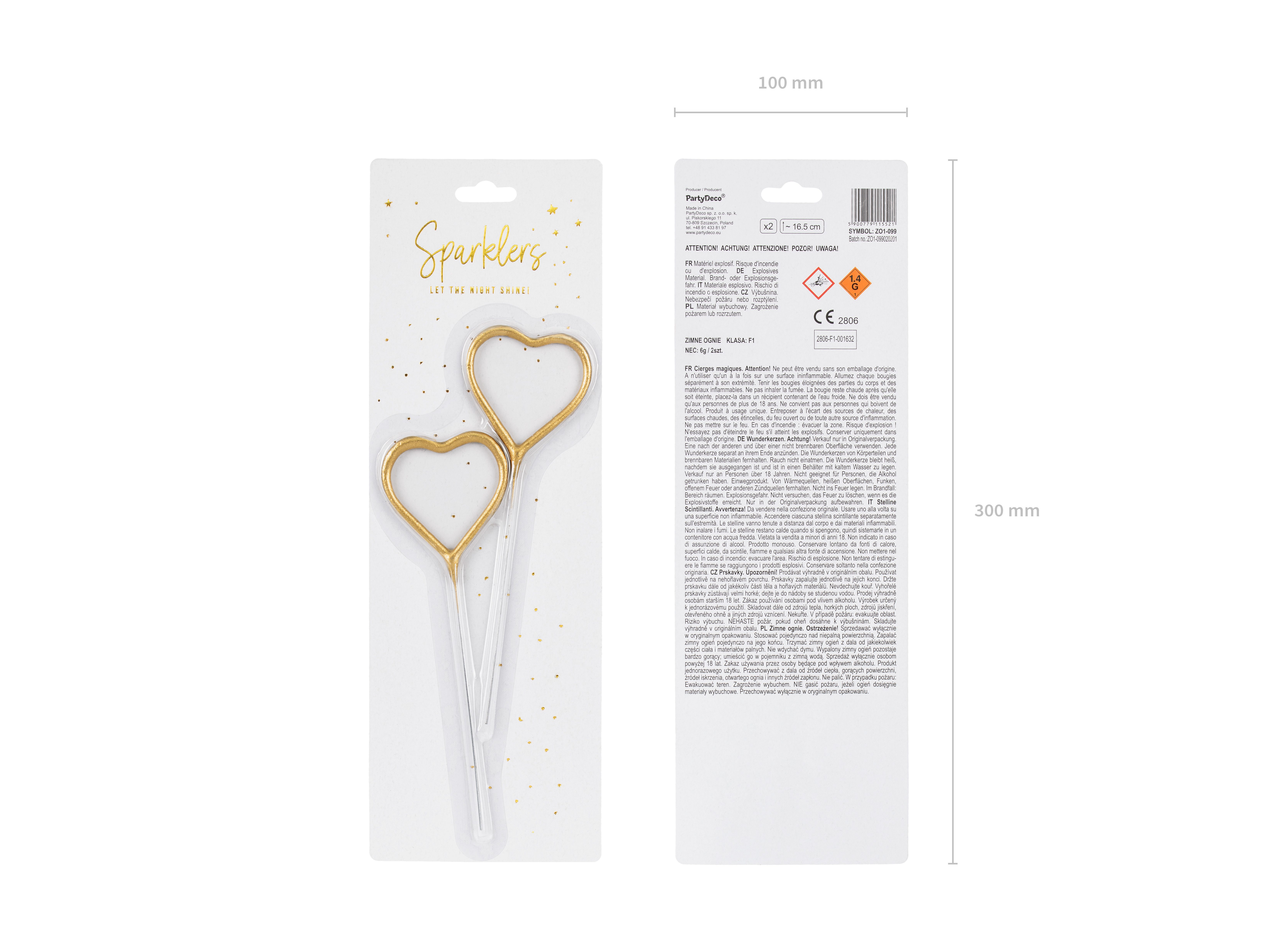 partydeco Geburtstagskerze 2 Wunderkerzen Herz ca. 16,5 cm, Gold