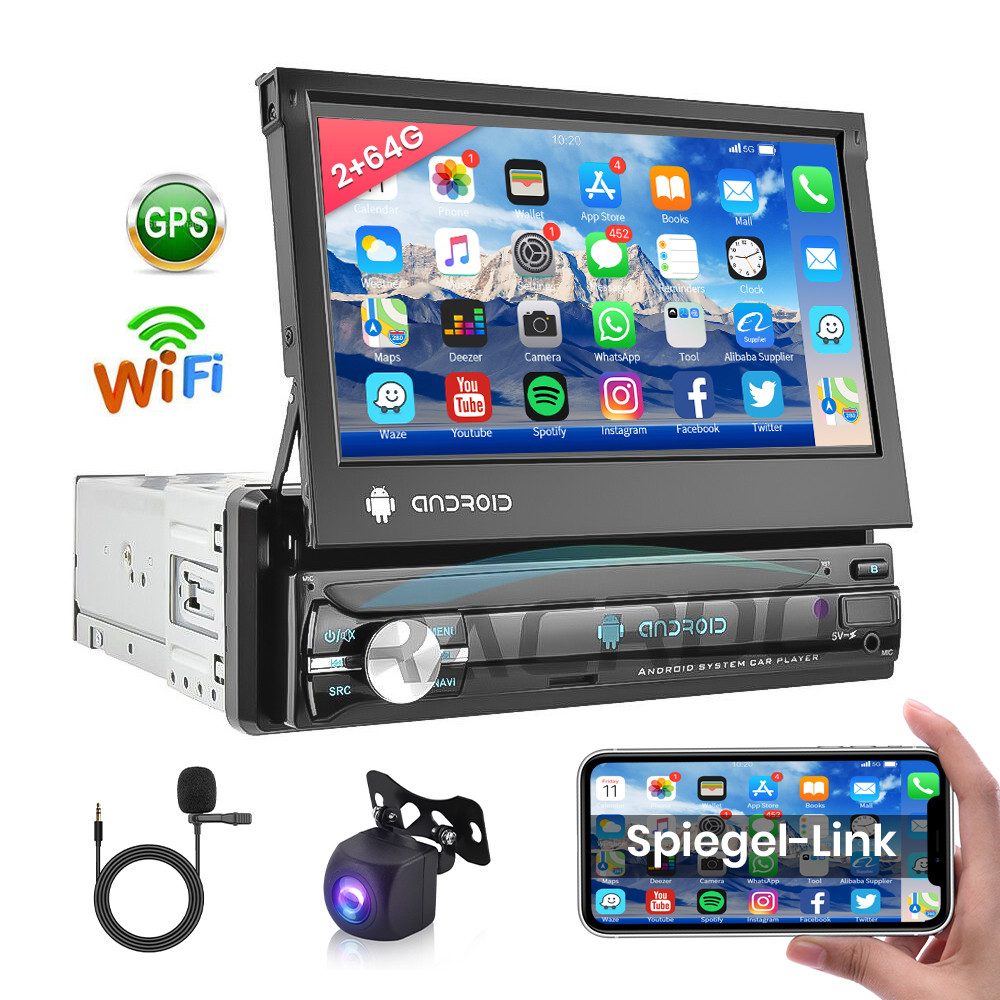 Hikity 1 DIN 7" Flip Android 15.0 MP5 Autoradio mit AHD HD Kamera FM WIFI GPS Autoradio (Digitalradio (DAB), 2GB+64GB, Kabelloses Carplay und Android Auto,Unterstützung DVR)