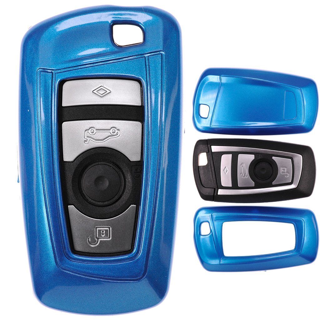 mt-key Schlüsseltasche Autoschlüssel Hardcover Schutzhülle Metallic Blue, BMW 5er F10 F11 F18 3er F30 X3 X1 X6 6er 1er F20 KEYLESS SMARTKEY
