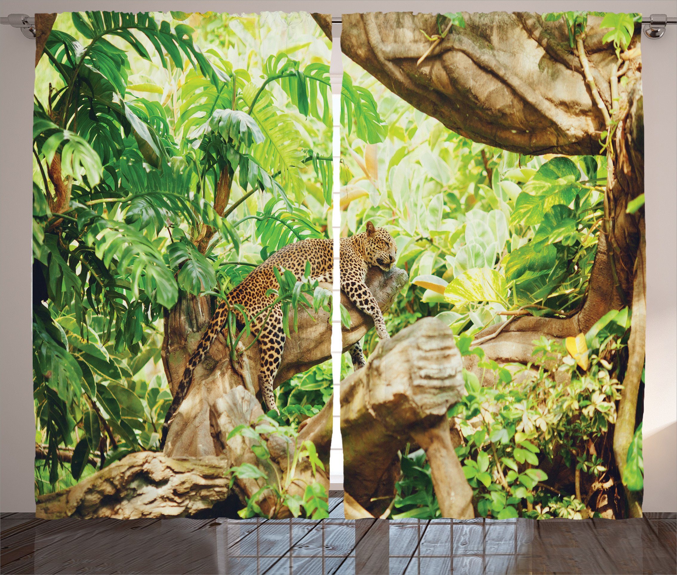 Gardine Schlafzimmer Kräuselband Vorhang mit Schlaufen Leopard Haken, Wild Abakuhaus, Blatt und Tropic Jungle