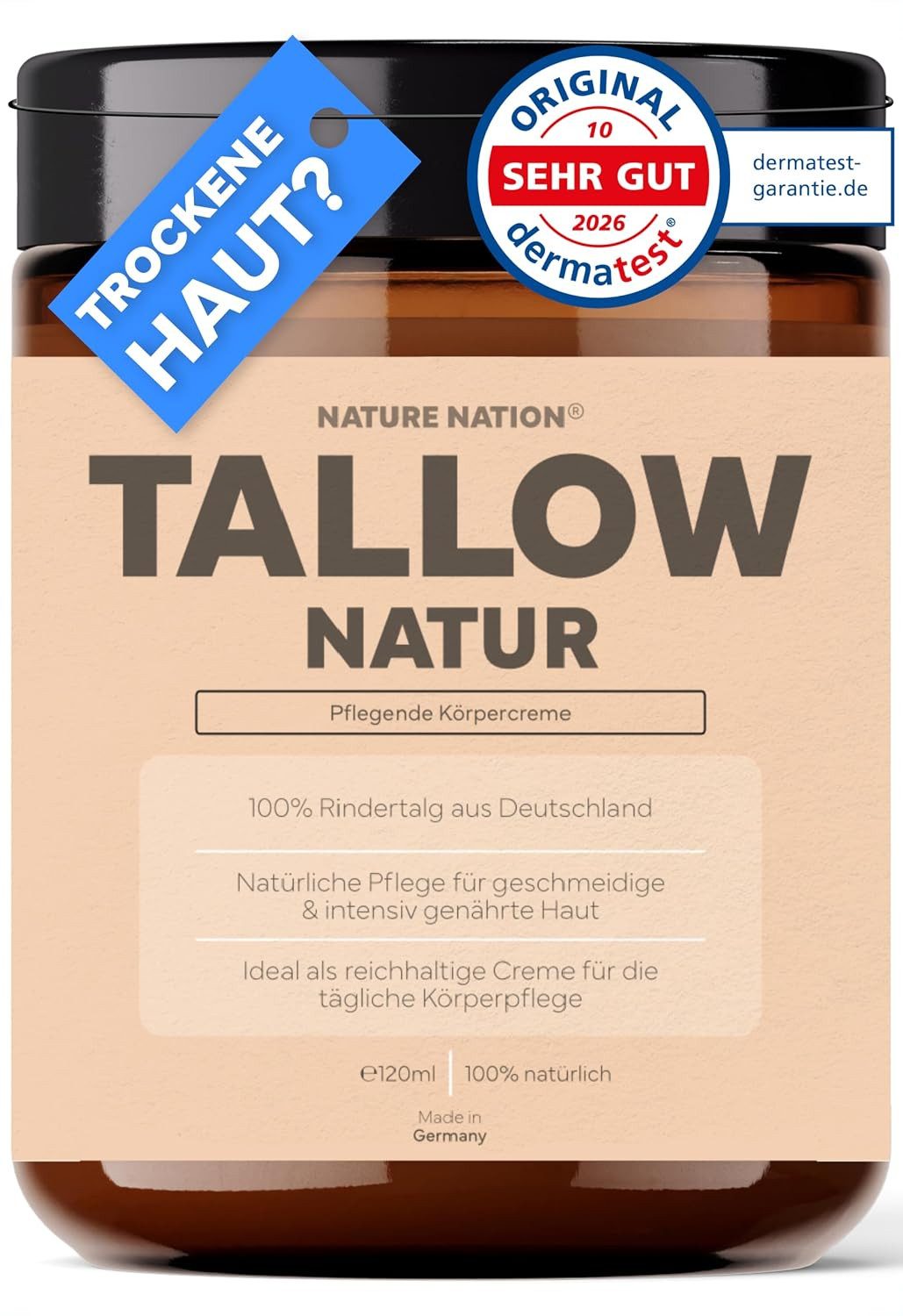 NATURE NATION Hautcreme TALLOW Natur Creme: 100% Beef Tallow Rindertalg Balm Barrier Repair, Reichhaltige Hautpflege, unparfümiert; Made in Germany