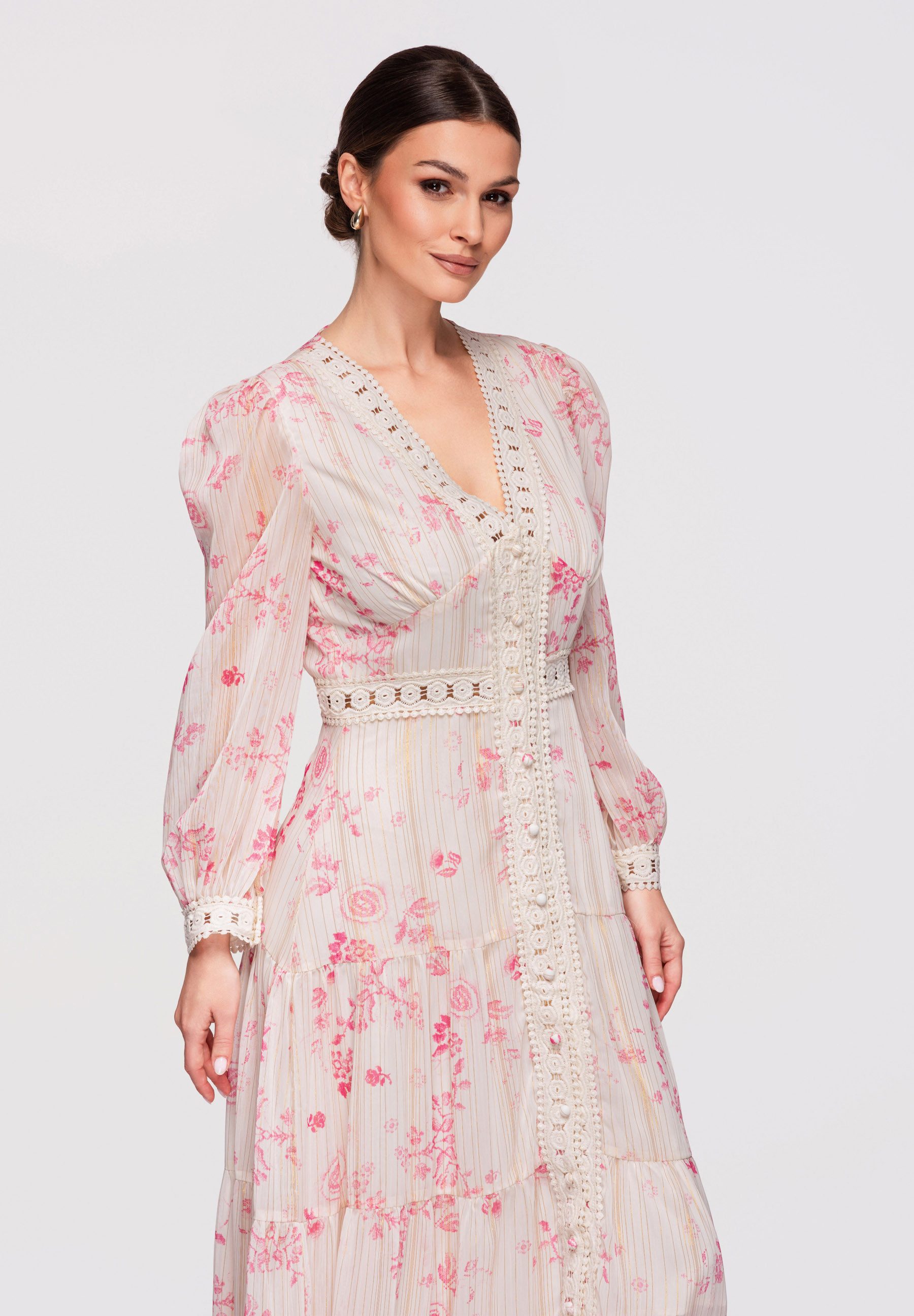 OMBRE Abendkleid Damen Maxikleid V-Ausschnitt Spitze Elegant Ecru L (kein Set, 1-tlg) – Bild 4 von 5