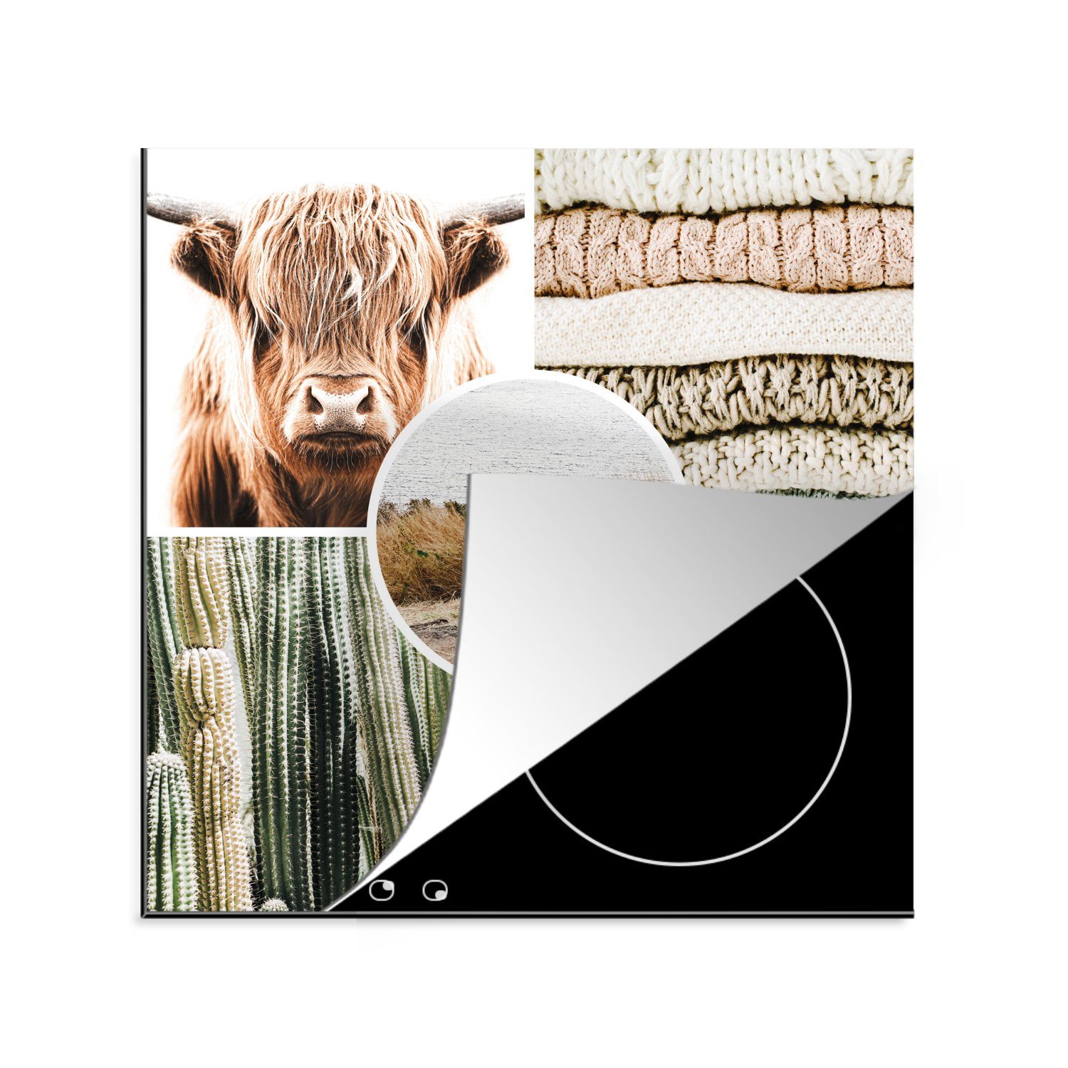 MuchoWow Herdblende-/Abdeckplatte Schottischer Highlander - Collage - Böhmisch, Vinyl, (1 tlg), 78x78 cm, Ceranfeldabdeckung, Arbeitsplatte für küche