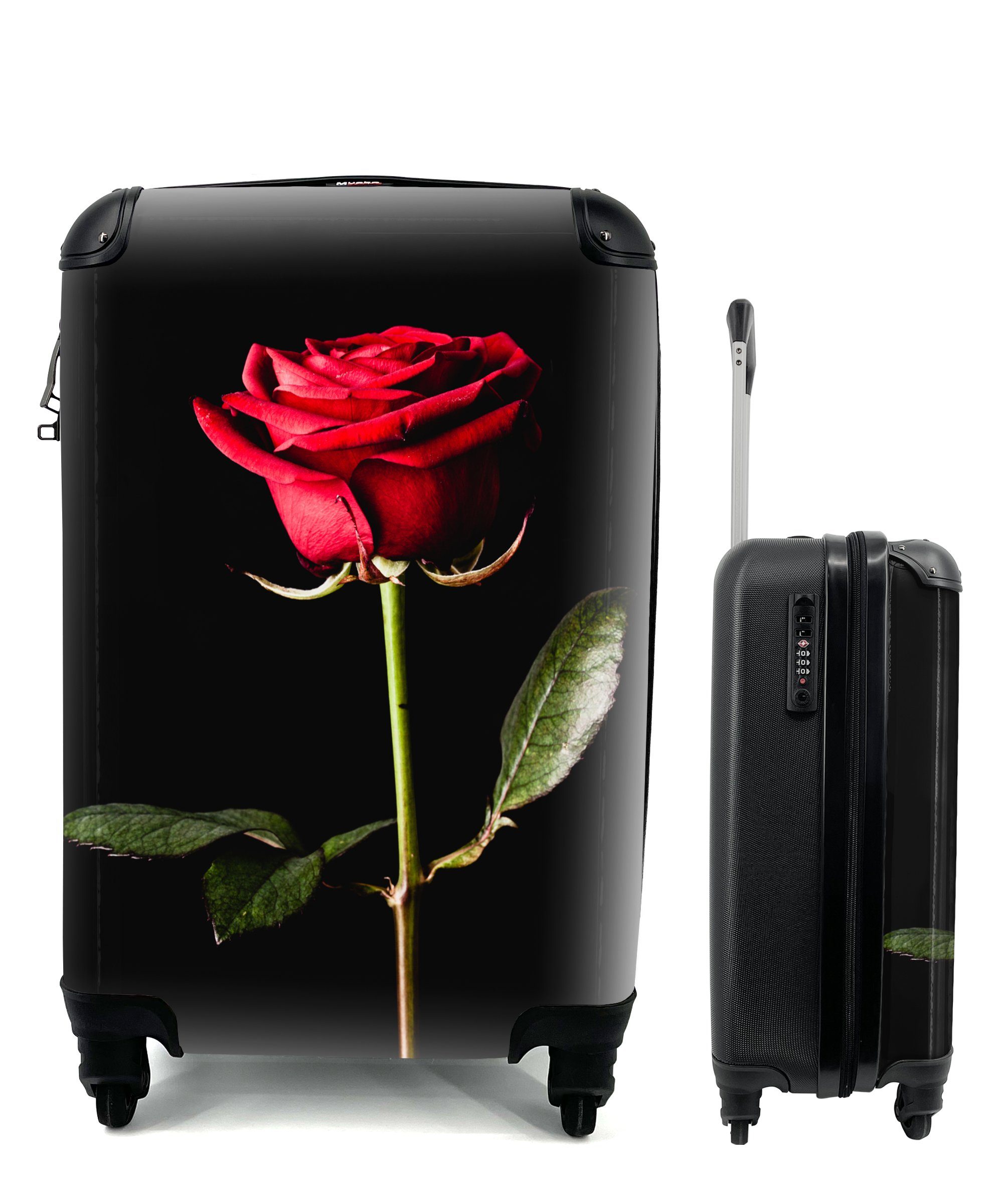 MuchoWow Handgepäckkoffer Eine rote Rose auf schwarzem Hintergrund, 4 Rollen, Reisetasche mit rollen, Handgepäck für Ferien, Trolley, Reisekoffer