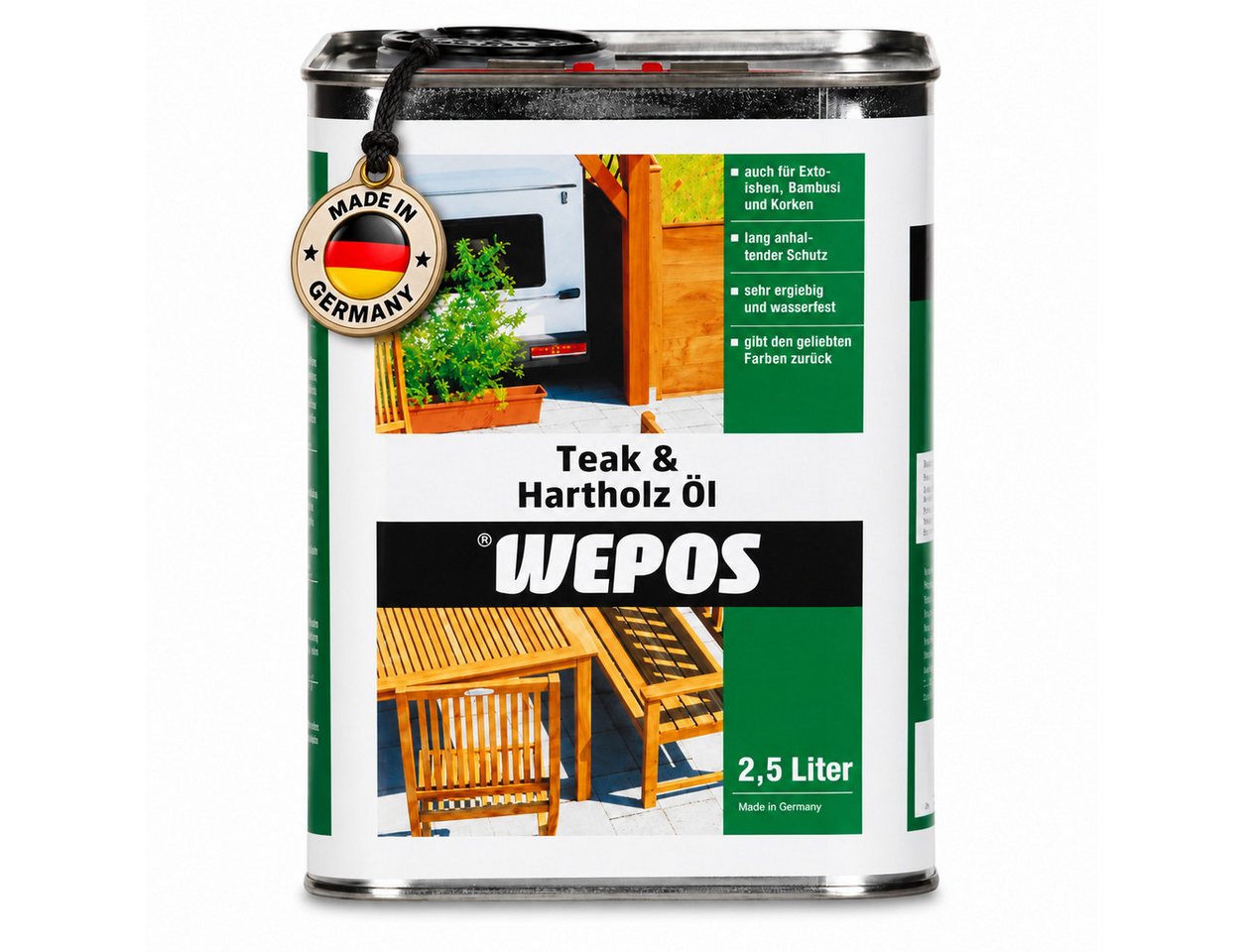 DomDeco Teakholzöl WEPOS Teak- und Hartholz-Öl 2,5 L, UV-Schutz für Terrasse & Garten, pH-neutral, hochdosiert, universalreiniger