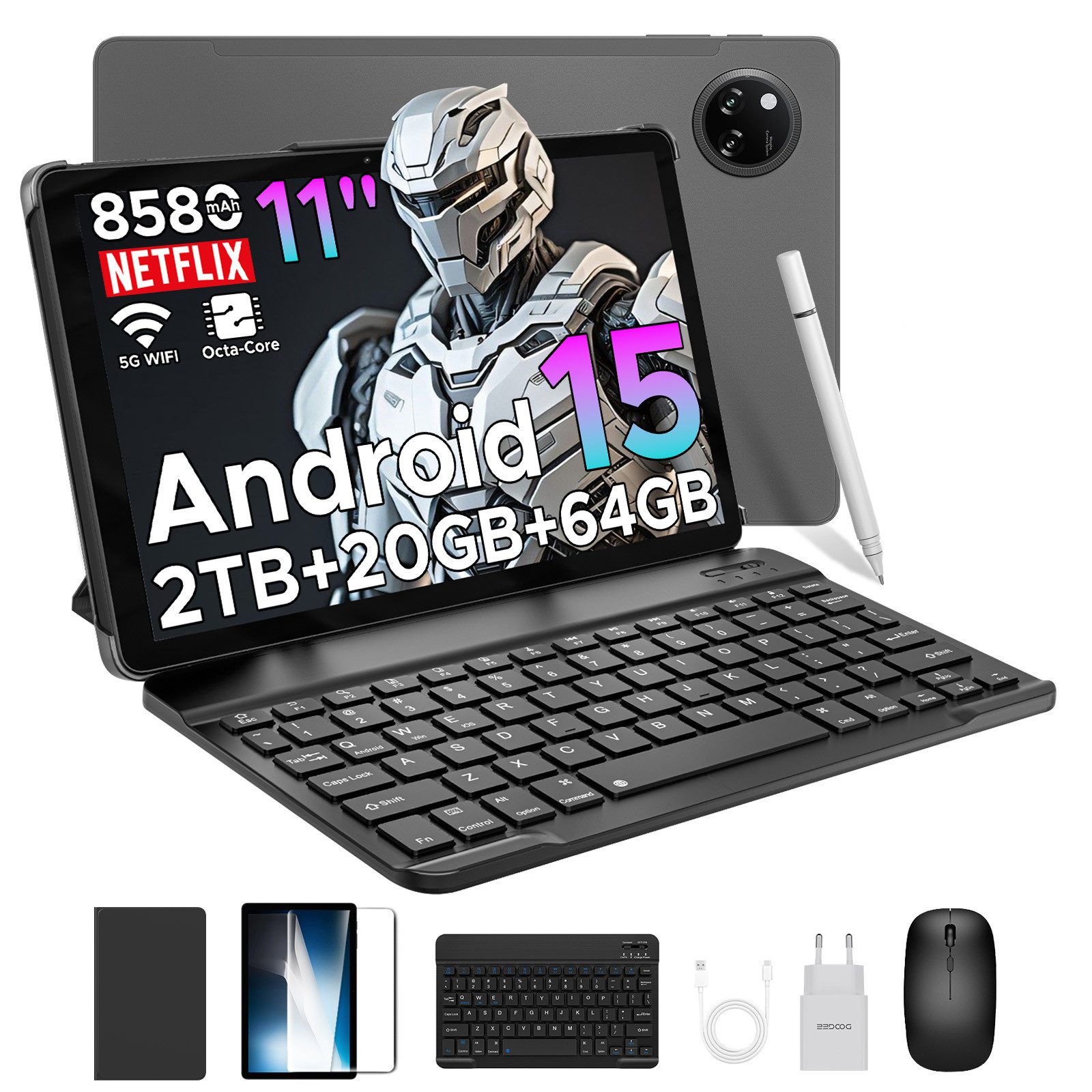 DOOGEE Tab A9 PLUS Android Tablet 11 Zoll, 4GB RAM+64GB ROM(TF 2TB) Tablet (11", 64 GB, Android 15, WiFi, Tablet mit Tastatur, Maus, Stift, Hülle, WiFi5/Face ID/OTG/GPS)