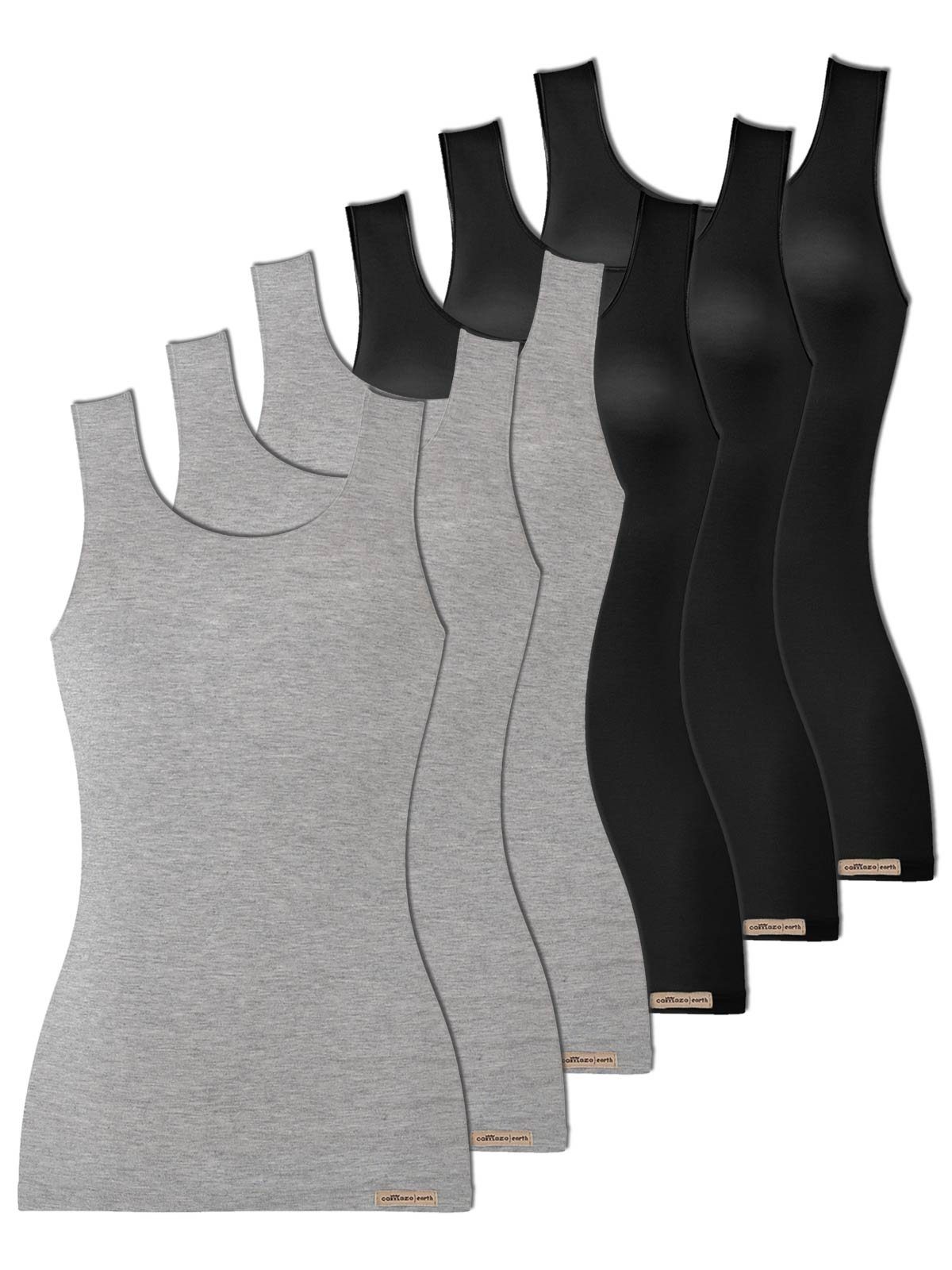 Vegan Damen 6-St) COMAZO Achselunterhemd grau-melange-schwarz Achselhemd (Packung, 6er Baumwoll Pack