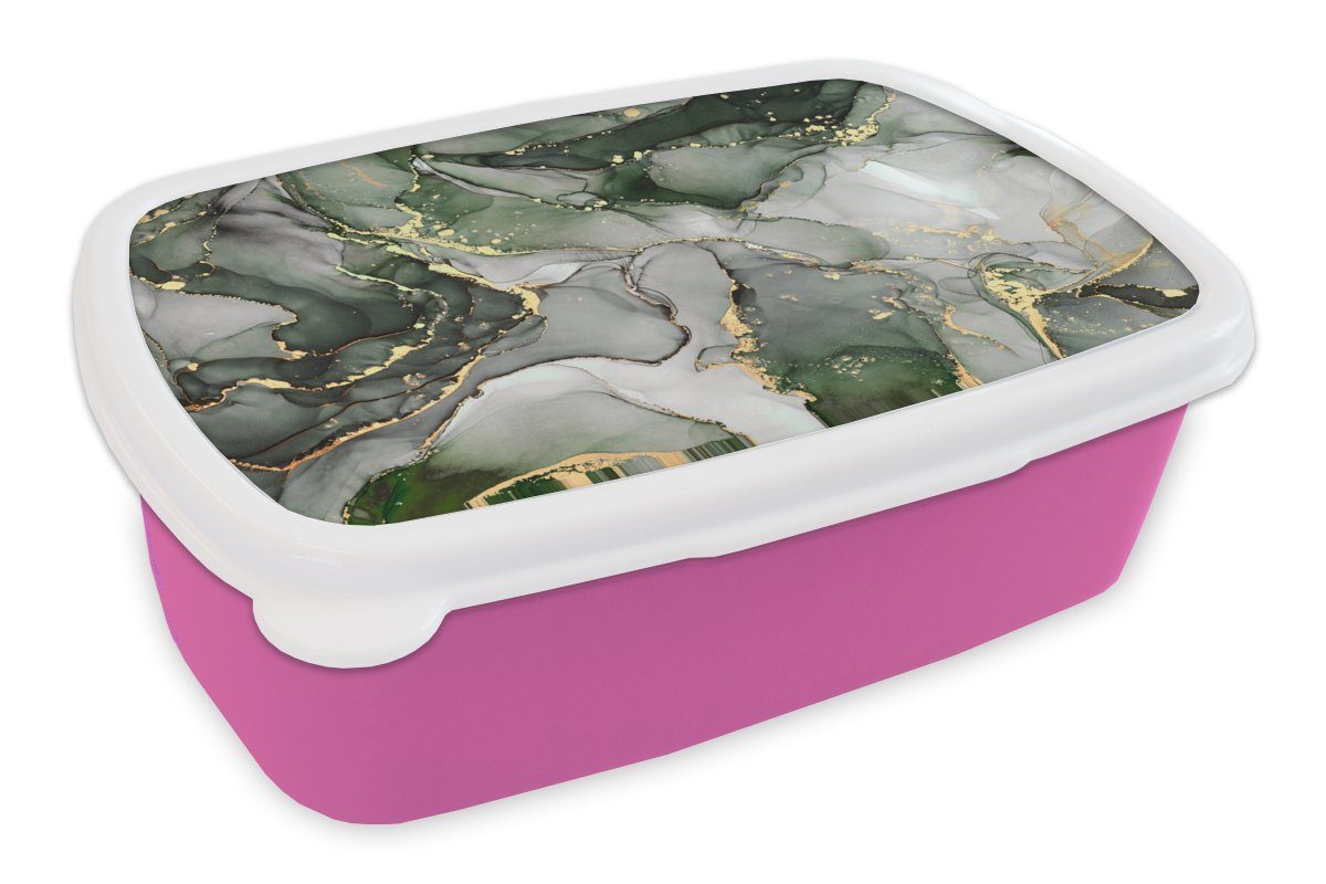 MuchoWow Lunchbox Snackbox, Kinder, Luxus - Kunststoff rosa für Erwachsene, Marmor Grün, Kunststoff, Brotbox - Mädchen, Brotdose (2-tlg)