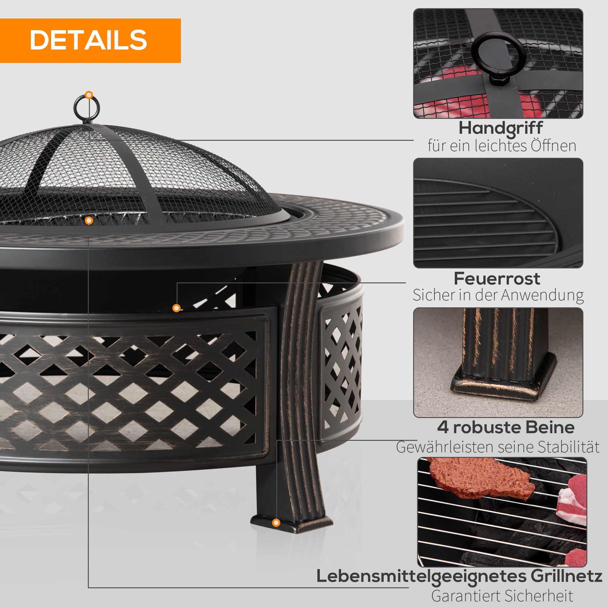 Outsunny Feuerschale Schürhaken Funkenschutz Feuerkorb Feuertisch rund Feuerstelle Garten Camping BBQ Stahl Schwarz 81x81x50cm Aosom – Bild 5 von 5