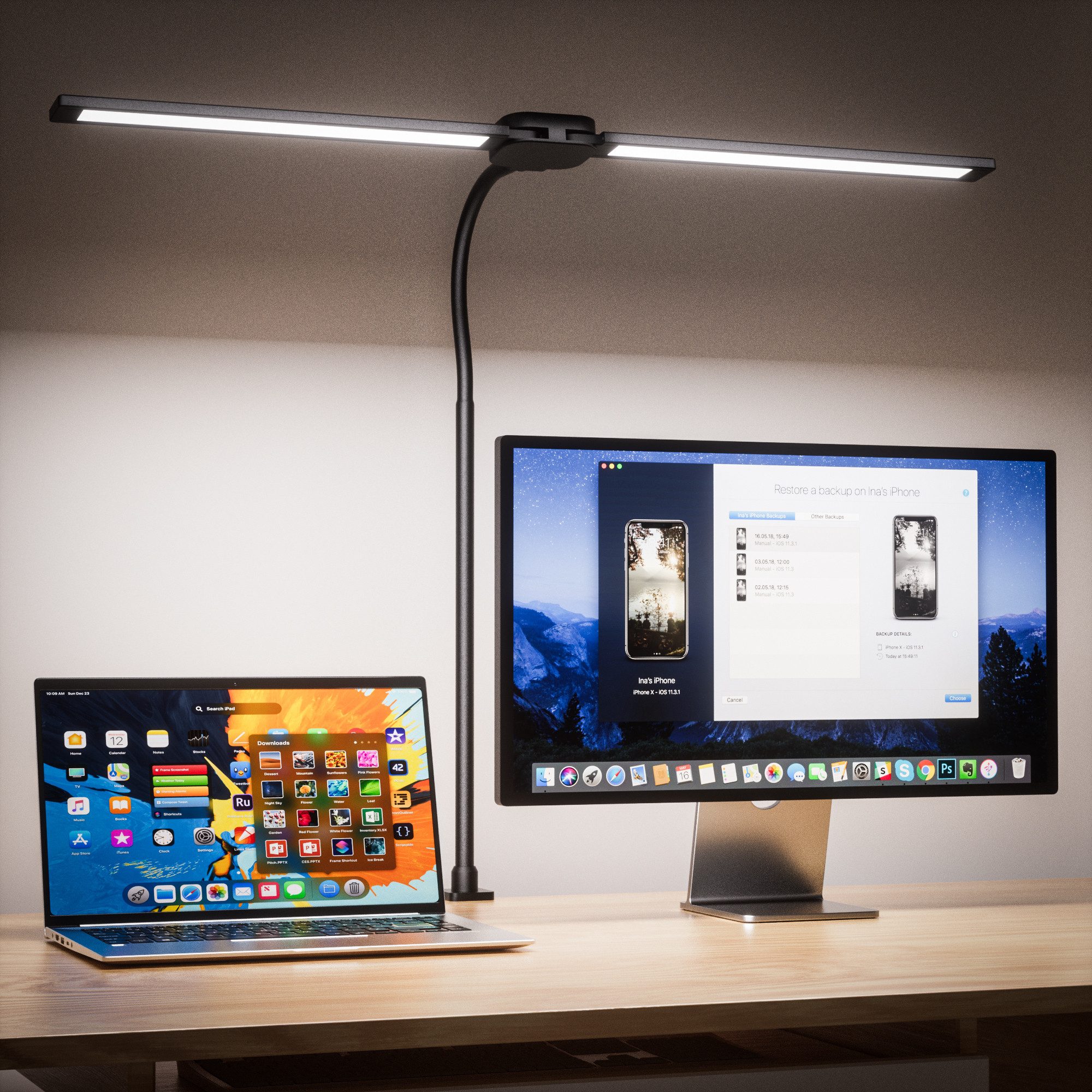 Quntis LED Schreibtischlampe LED Schreibtischlampe Dimmbar Doppelkopf klemmbar für Home Office, LED fest integriert, weißes Licht 5500-6000K warmes Licht 3200-3500K bernsteinfarbenes Licht 1200-1300K, 2835 LED-Lampenkugeln mit hoher Helligkeit,Energiespar