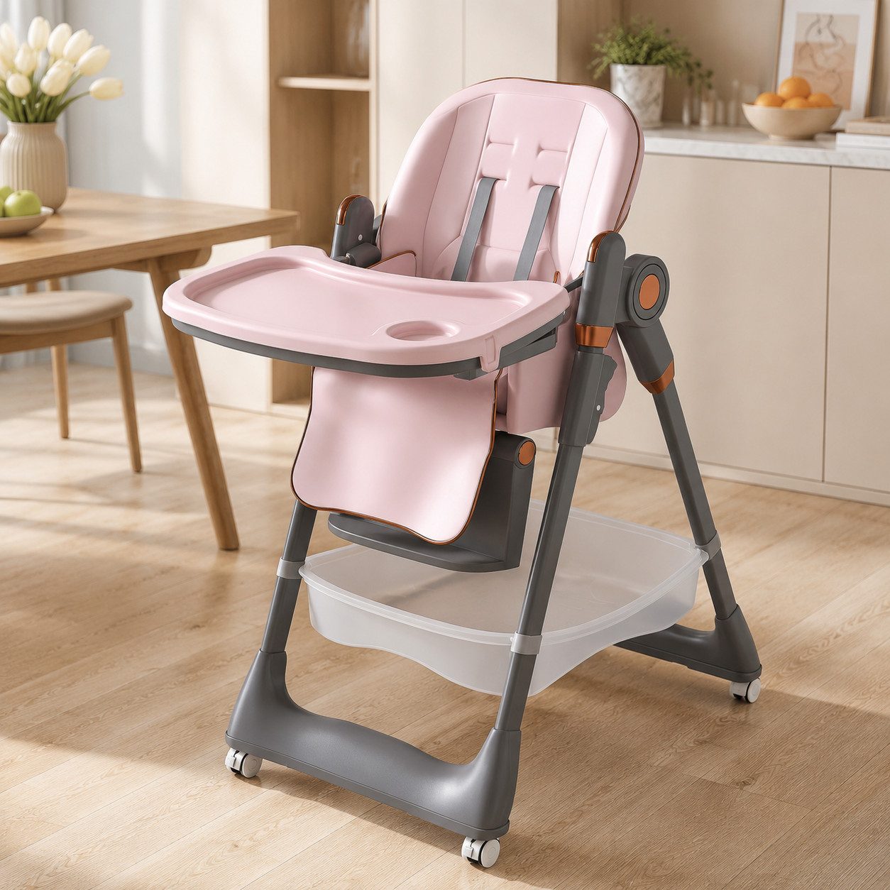 KLAM HOME Kinderklappstuhl Kinderstuhl 6-36 Monate, bis 45kg, faltbar & vielfach verstellbar (Sicherer Kinderklappstuhl mit 5-Punkt-Gurt, Feststellrädern & Tablett), Weißer Kinderstuhl, leicht zu reinigen, platzsparend für Zuhause