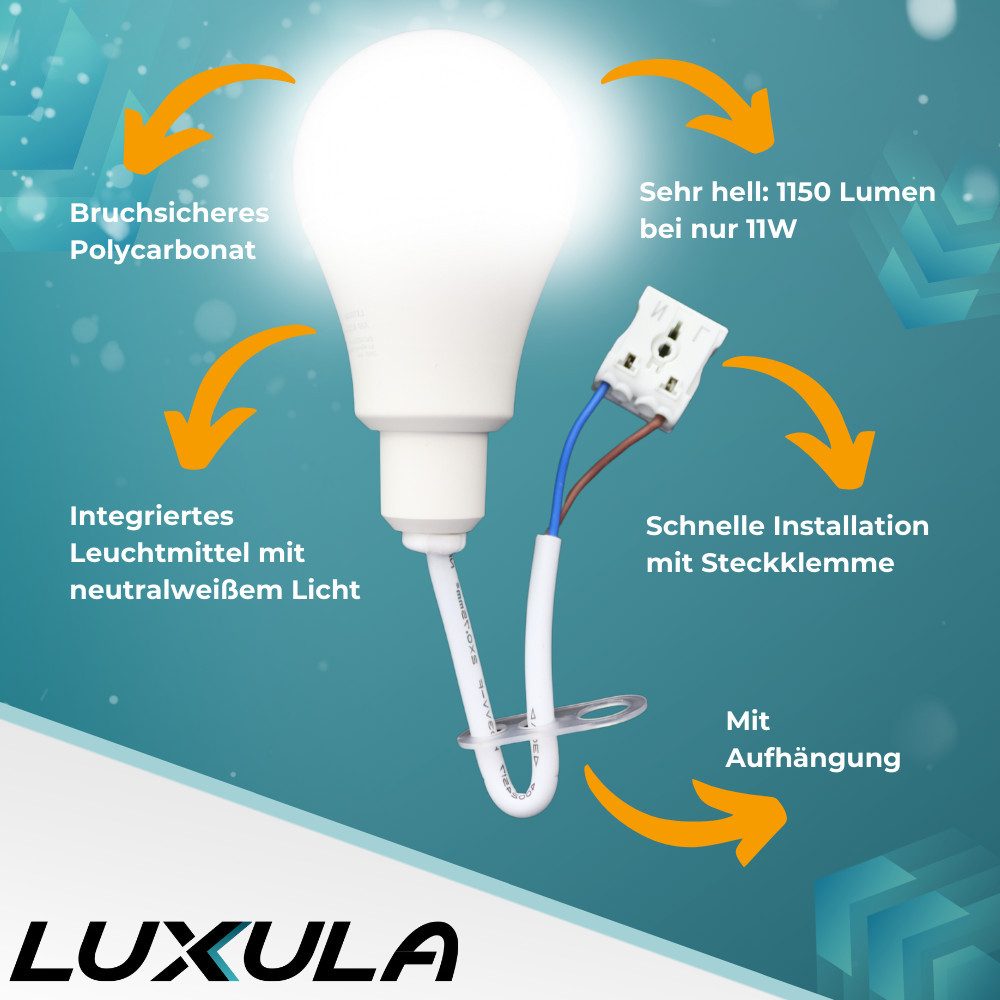 LUXULA LED-Leuchtmittel LED Renovierungslampe, 11W, 1150lm, 4000K, mit Kabel und Klemme, E27, 4000K Neutralweiß, 11W Baustellenlampe Weiß