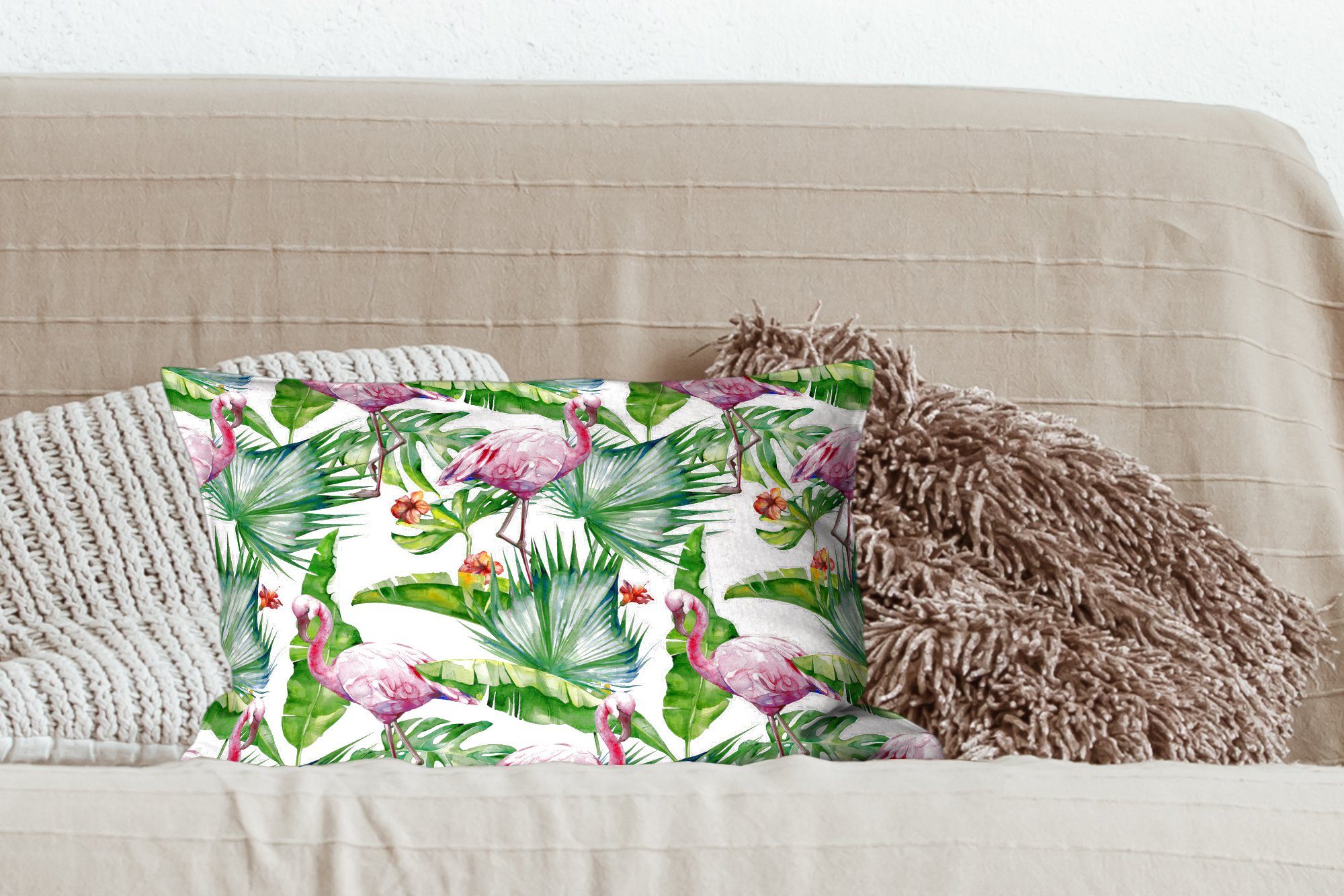 Wohzimmer - Zierkissen, Blätter Flamingo Dschungel, Dekokissen mit - Dekokissen MuchoWow Füllung, Blumen Schlafzimmer - Dekoration,