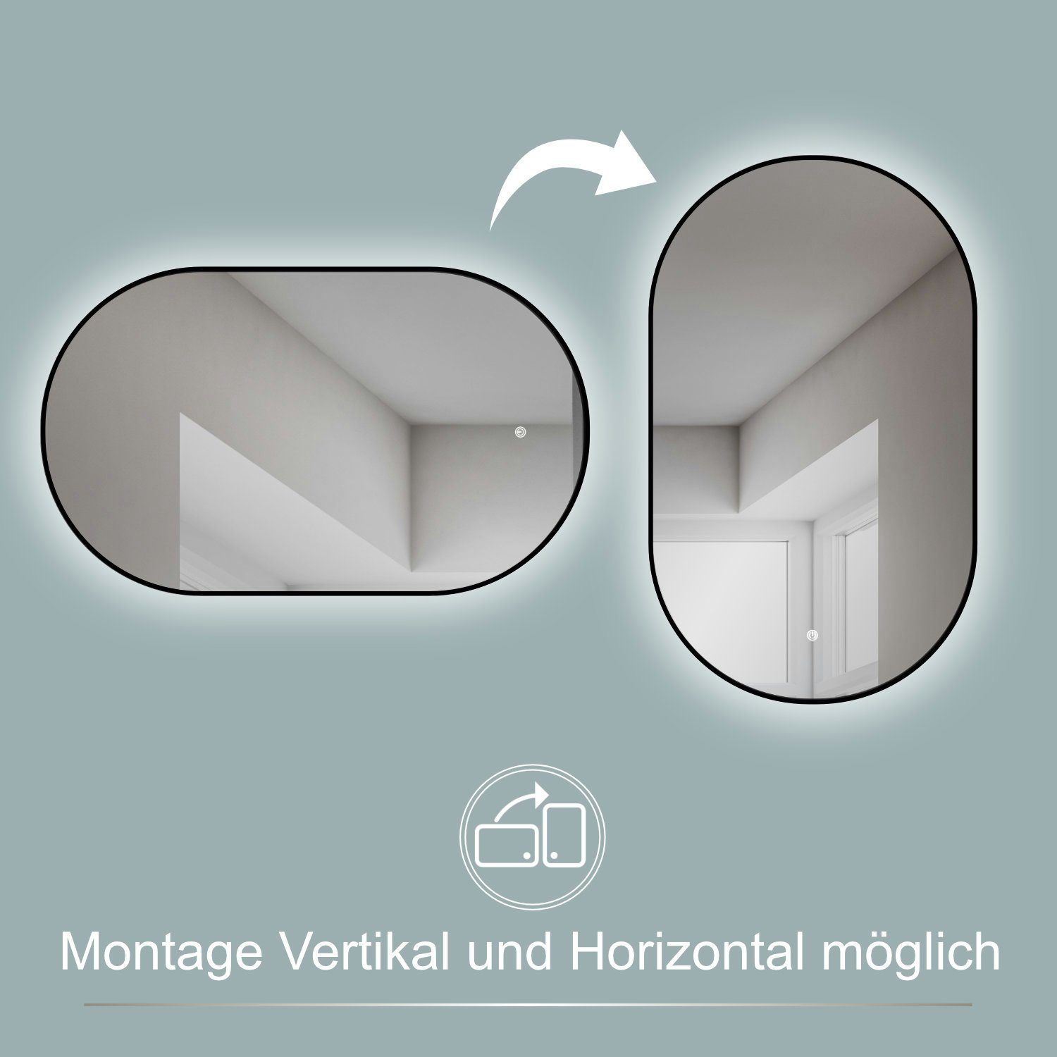 Memory-Funktion.IP44, HD mit Neutral. Wechsel 4mm und LED Oval+Mattschwarz Wandspiegel Wandschalter HOKO (Warmweiß Rahmen+LED Glass) Touch einschaltbar. mit - Licht Schalter - Kaltweiß Badspiegel Design