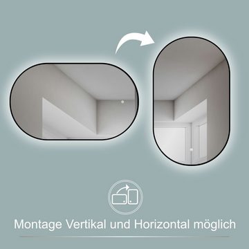 HOKO Badspiegel LED Design Wandspiegel Oval+Mattschwarz Rahmen+LED Wechsel (Warmweiß - Kaltweiß - Neutral. Licht mit Touch Schalter und mit Wandschalter einschaltbar. Memory-Funktion.IP44, 4mm HD Glass)