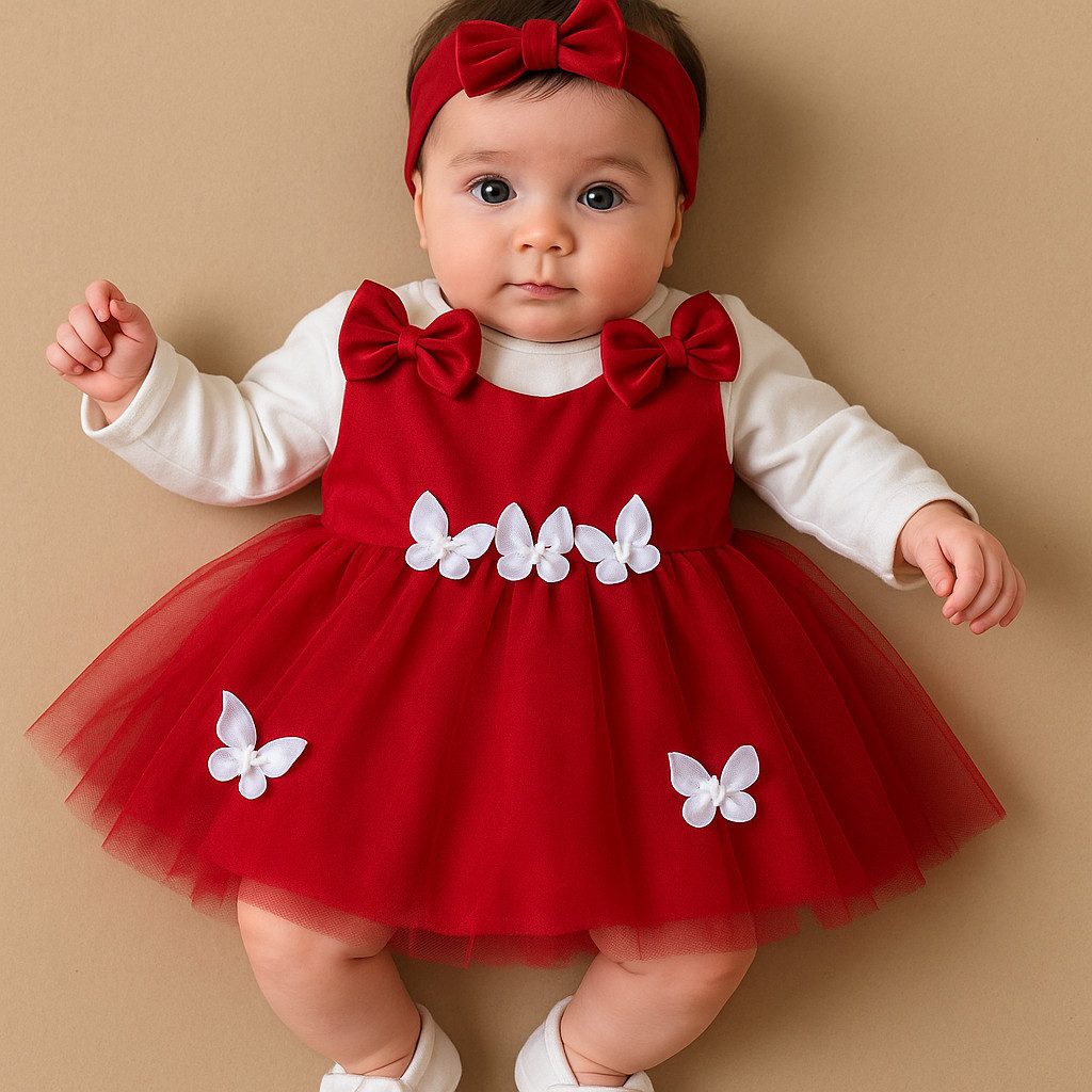 Lorey Medtec Partykleid Mädchen Outfit, 4x Set, Größe 62, Body, Kleid, Schuhe, Stirnband