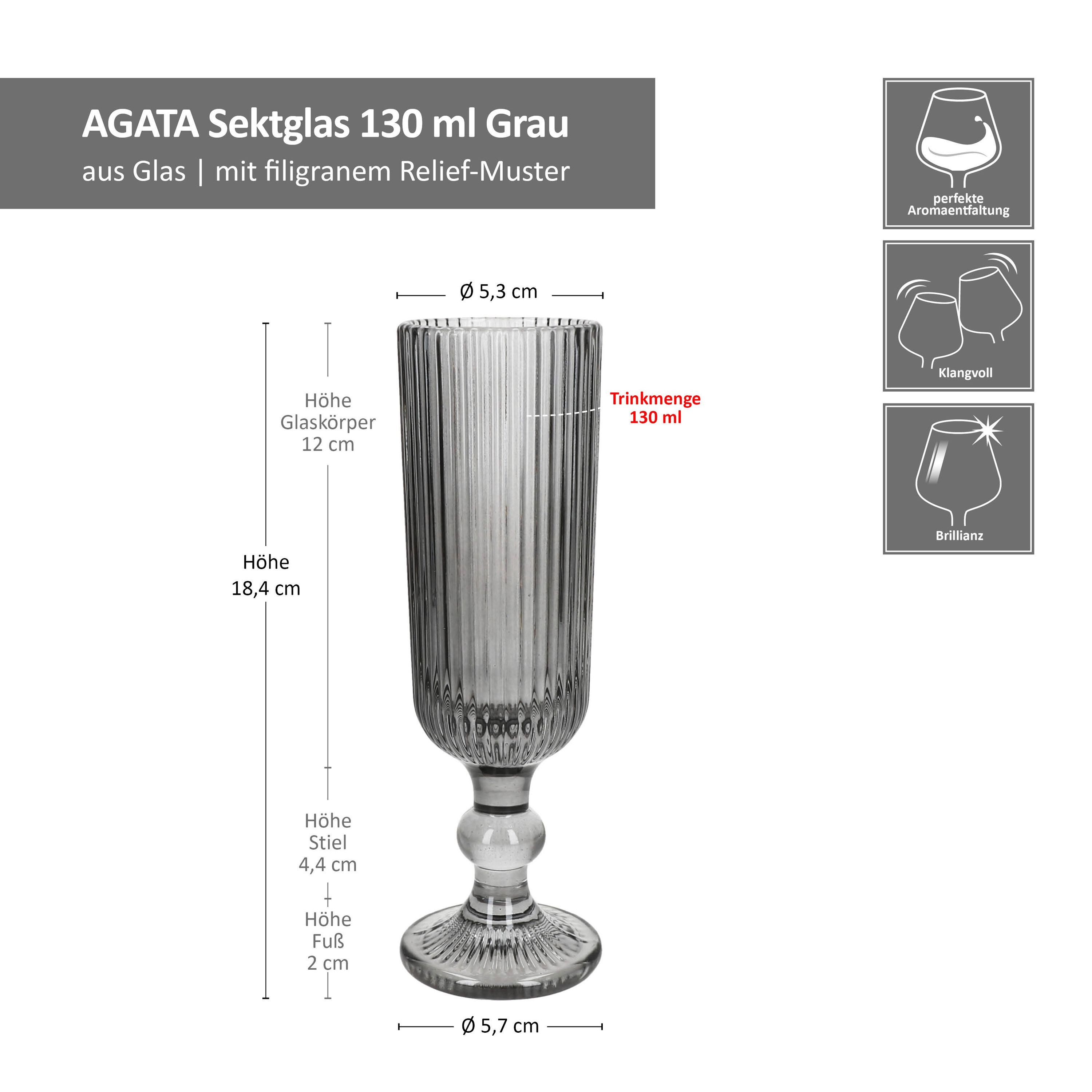 MamboCat Sektglas Agata 6x Sektgläser 130ml grau Glas Relief Sekt-Flöte Prosecco, Glas