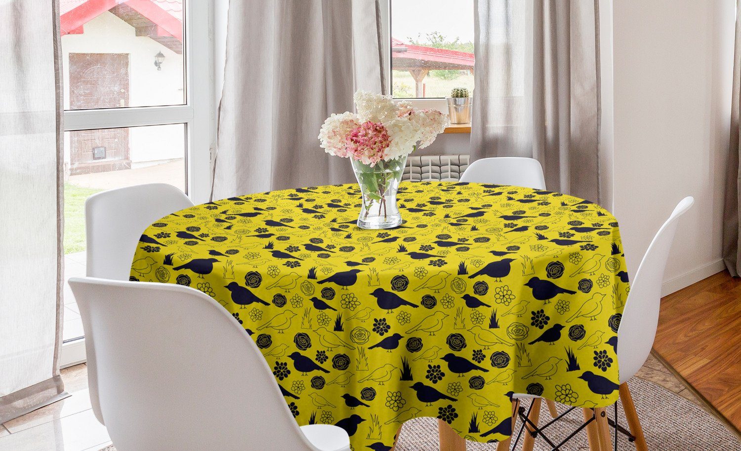 Abakuhaus Tischdecke Kreis Tischdecke Abdeckung für Esszimmer Küche Dekoration, Gelber Vogel Vogel- und Blütenblätter