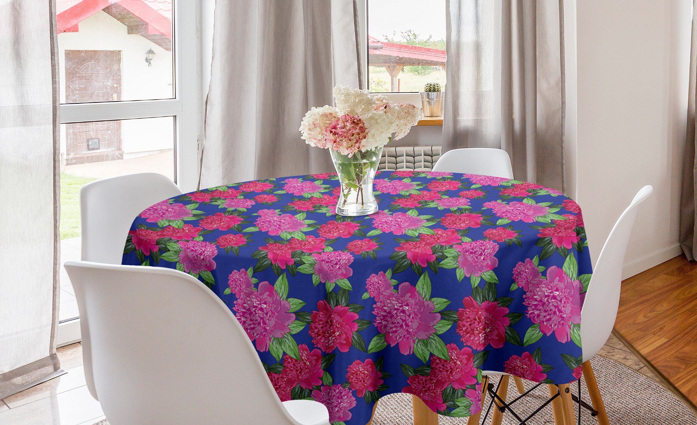 80er Pfingstrosen-Muster Tischdecke für Kreis Abdeckung Küche Tischdecke Blumen Dekoration, Esszimmer Schauen Abakuhaus