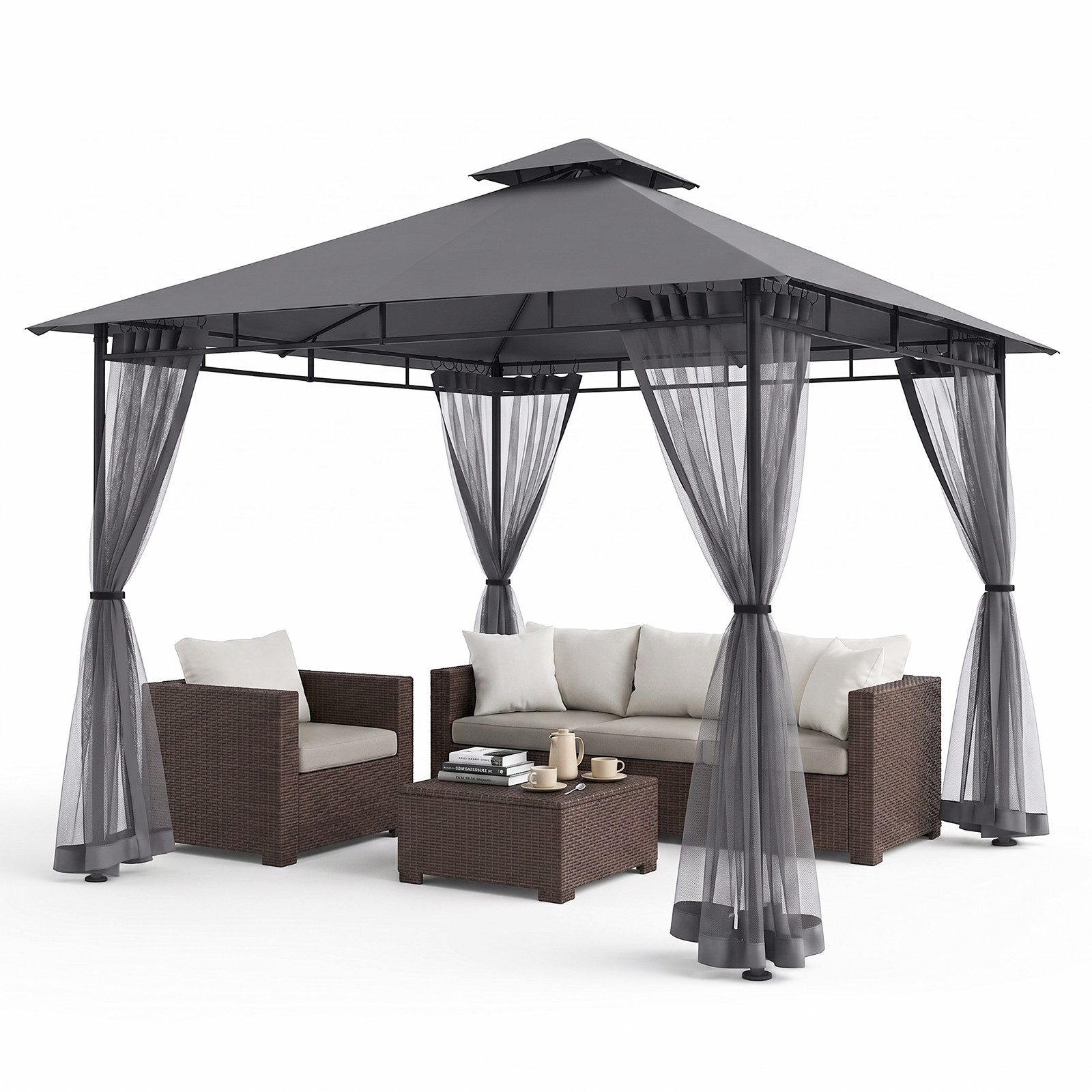 Sekey Pavillon 3 x 3m Pavillon Partyzelt Gartenpavillon mit Moskitonetz, Doppeldach, mit 4 Seitenteilen, Stabil, Wasserdicht, Winfest, Sonnenschutz