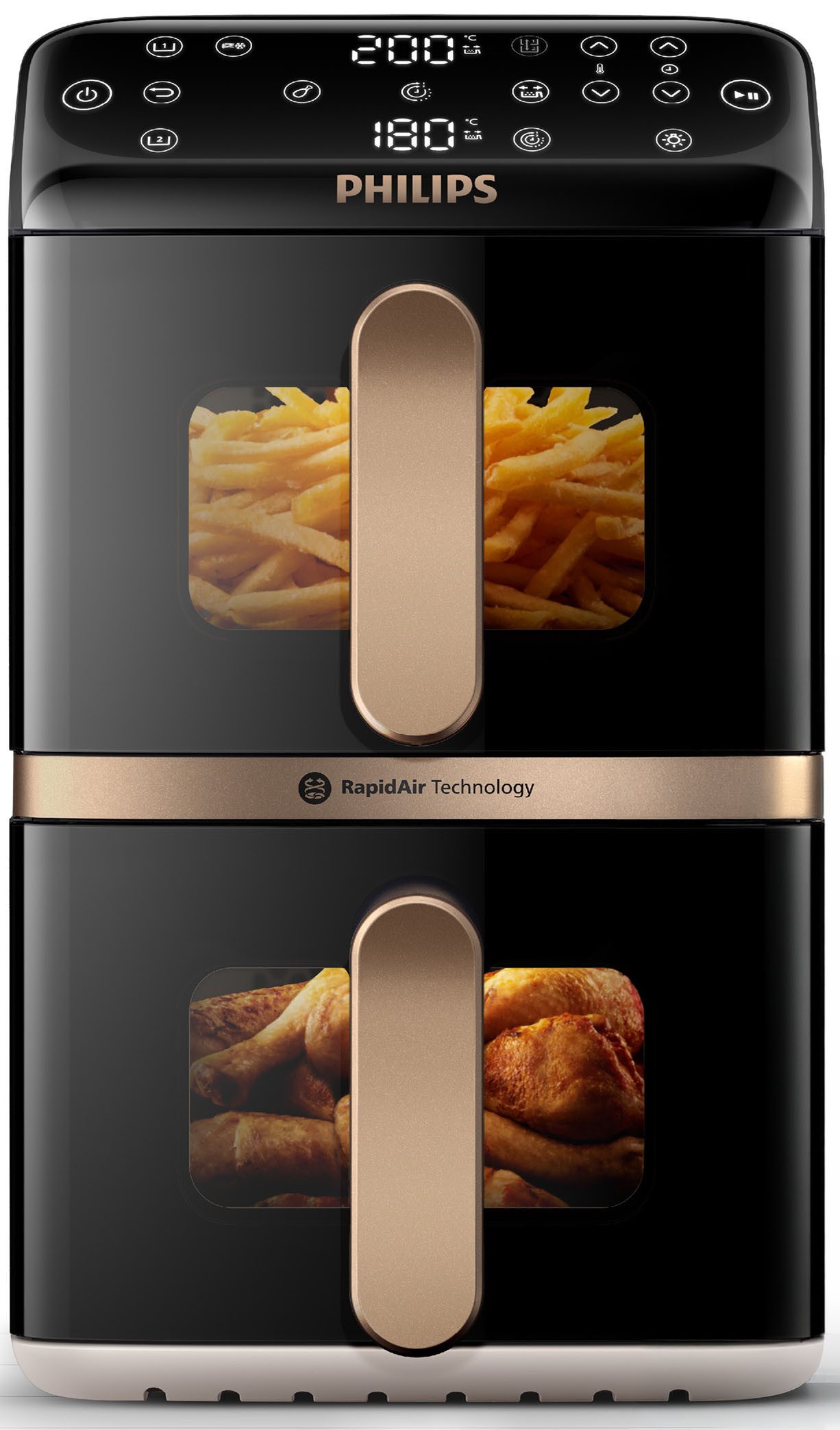 Philips Heißluftfritteuse NA462/80 4000 Series Stacked Dual Basket und 10L Kapazität (5+5L), 2750 W, RapidAir Technologie; Schwarz/Dunkelgrau, kupfer Griff