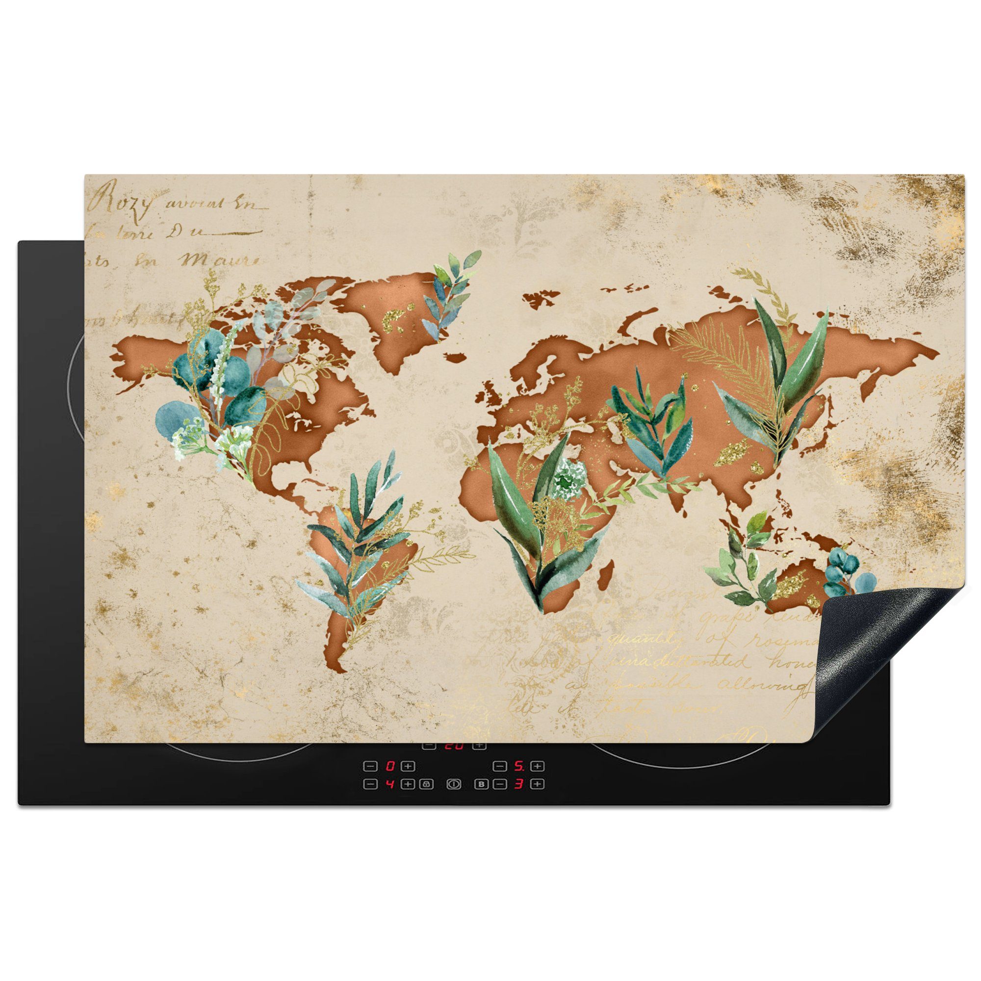 MuchoWow Herdblende-/Abdeckplatte Weltkarte - Papyrus - Pflanzen, Vinyl, (1 tlg), 81x52 cm, Induktionskochfeld Schutz für die küche, Ceranfeldabdeckung