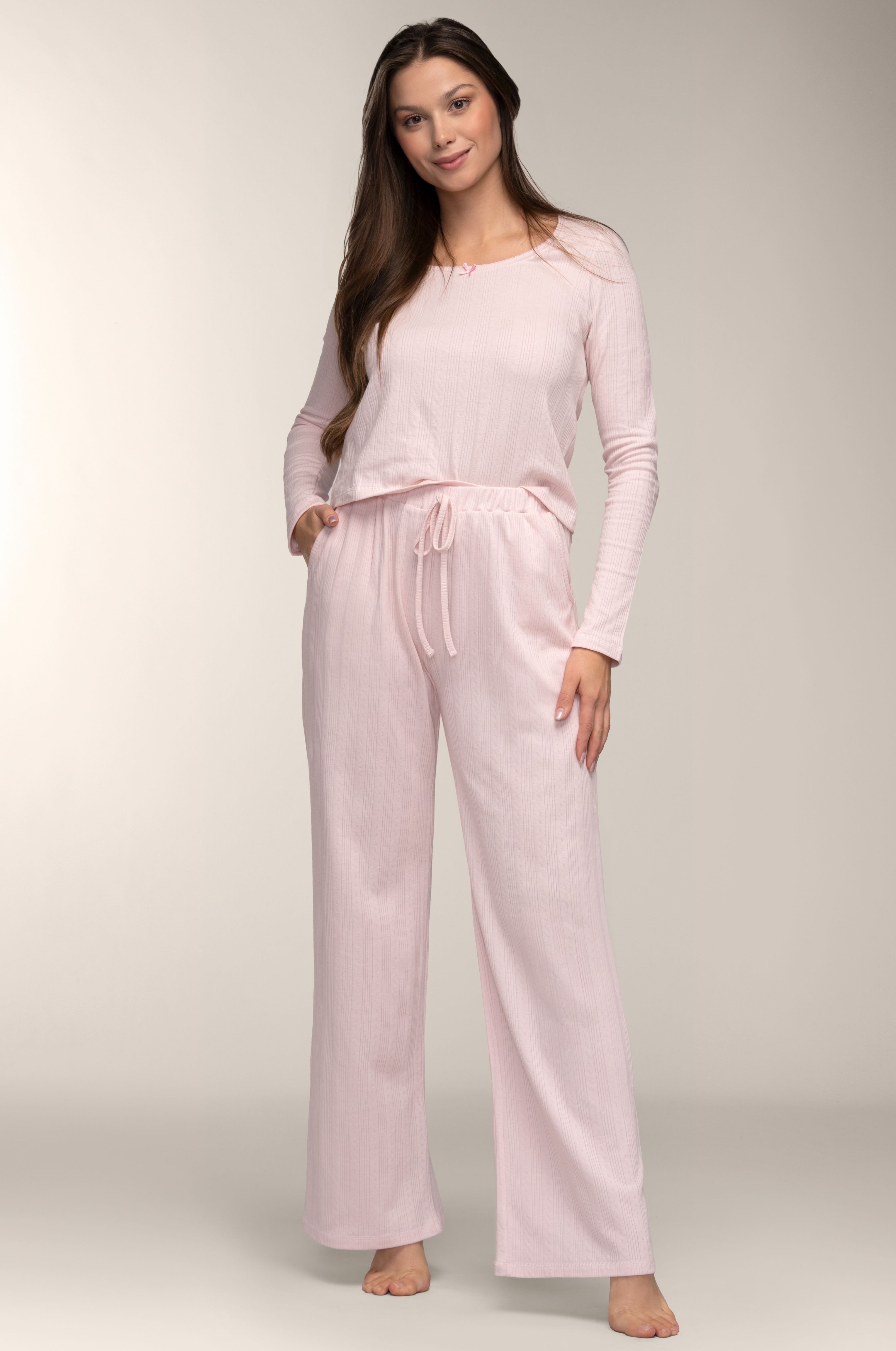Mademoiselle Sommeil Pyjama Damen Schlafanzug aus Rosé Pointelle-Strick 100% Baumwolle, Langarm, weich & atmungsaktiv, gefertigt in Polen