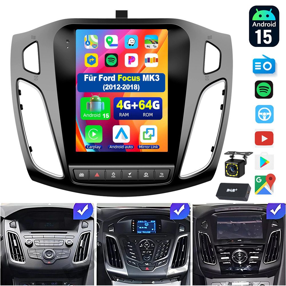 ESSGOO 9.7'' 64G DAB+ Android15 CarPlay autoradio 2 din für Ford Focus MK3 BT Navigationsgerät (Carplay Android Auto Bluetooth EQ USB GPS Navi WIFI Touchscreen)