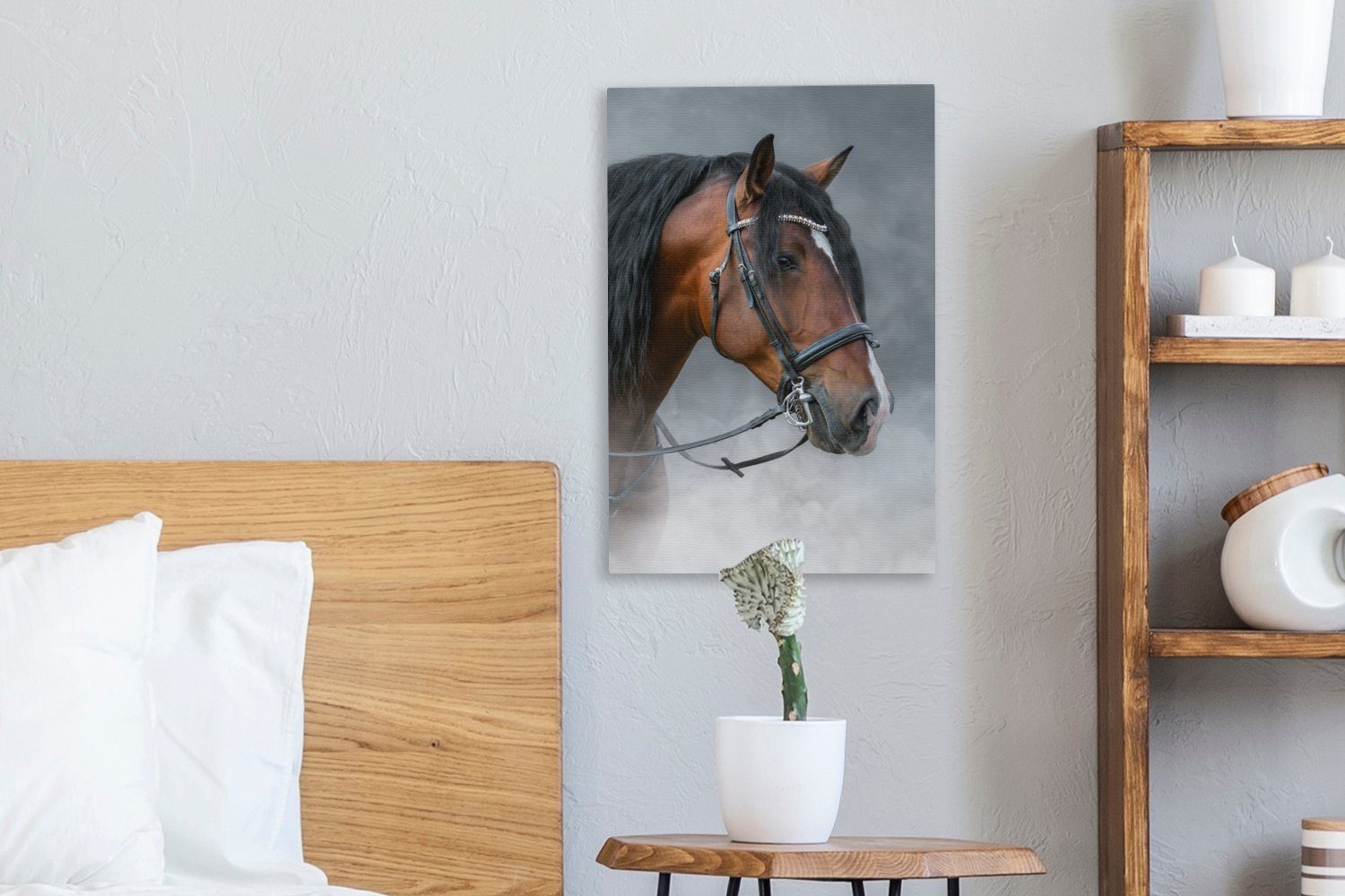OneMillionCanvasses® Leinwandbild Pferd St), 20x30 cm Rauch Leinwandbild - - (1 Zackenaufhänger, Zaumzeug, inkl. fertig Gemälde, bespannt
