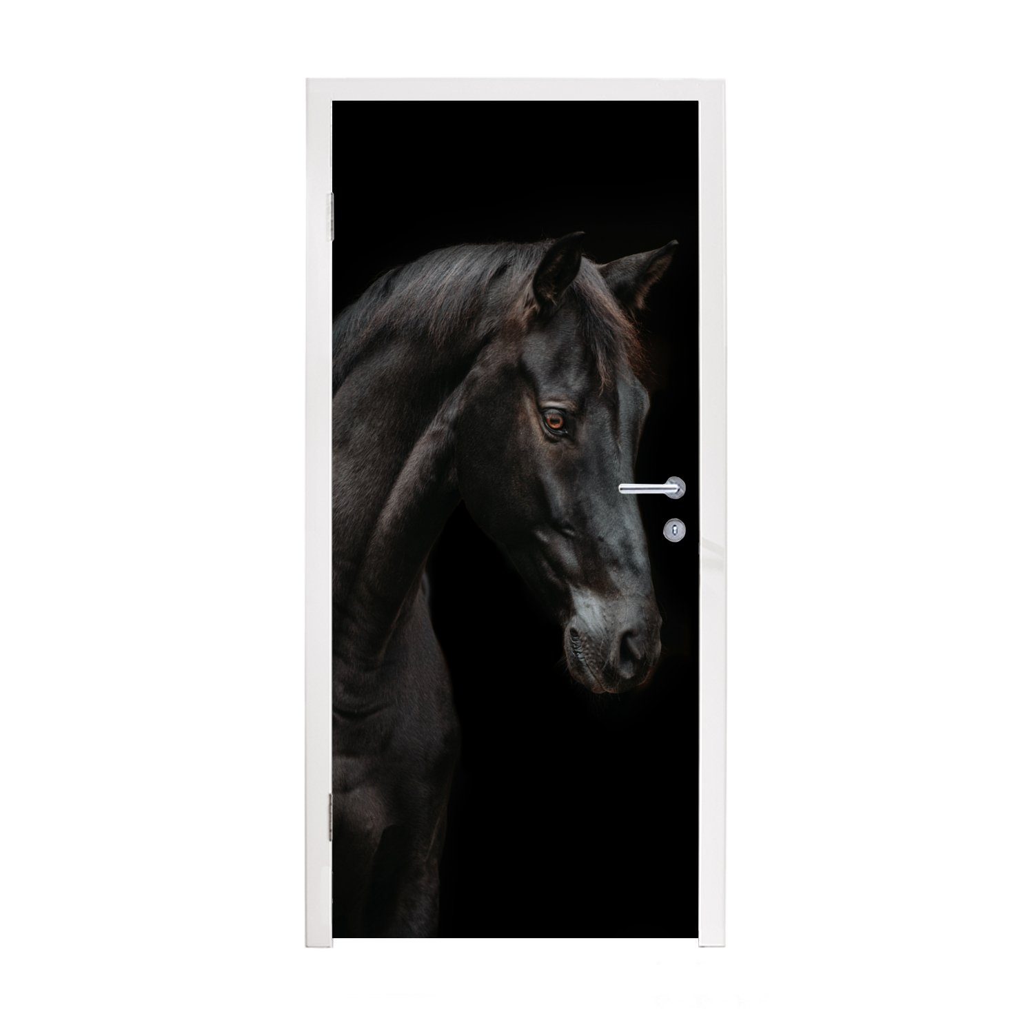 MuchoWow Türtapete Pferd - Tiere - Schwarz - Porträt, Matt, bedruckt, (1 St), Fototapete für Tür, Türaufkleber, 75x205 cm