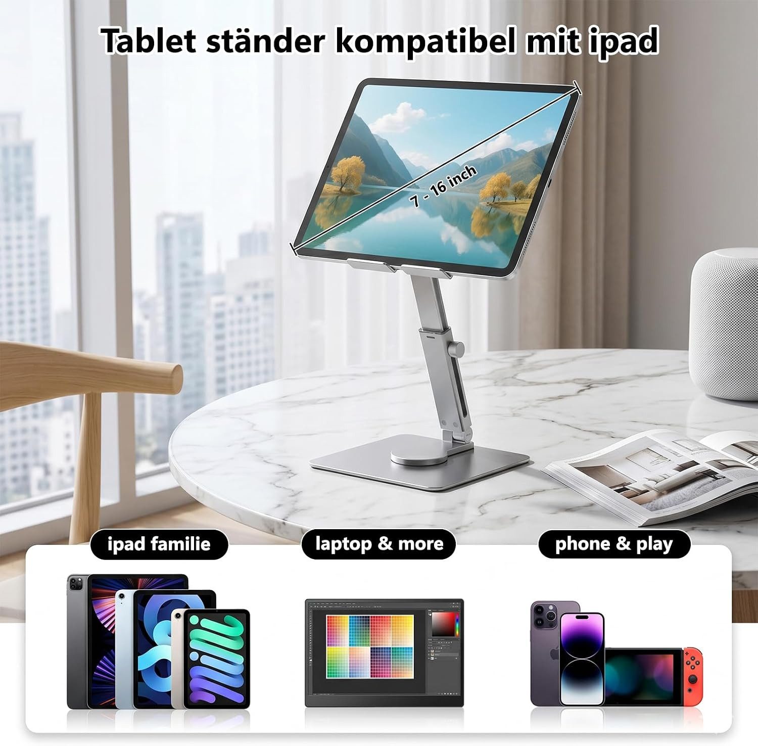 POCOJAO Tablet-Ständer iPad Tablet Ständer 360° drehbar höhenverstellbar Aluminium Silber, (bis 16,5 Zoll, Faltbarer Tablet- und Smartphone-Ständer für Schreibt – Bild 5 von 5